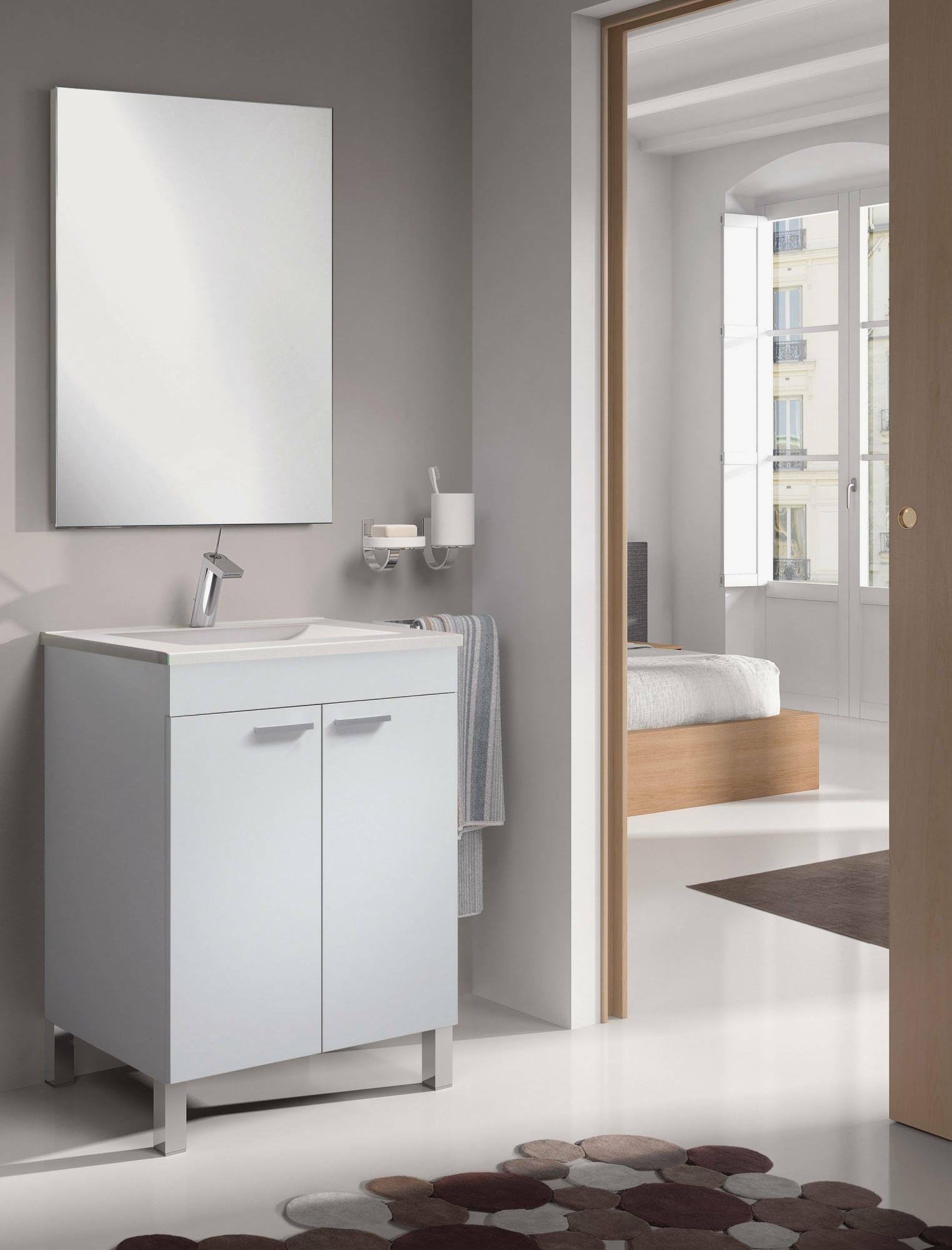 Dmora - Mobile sotto lavabo NewYork, Mobiletto per bagno, Armadio a 2 ante con specchio, 60x45h80 cm, Bianco lucido