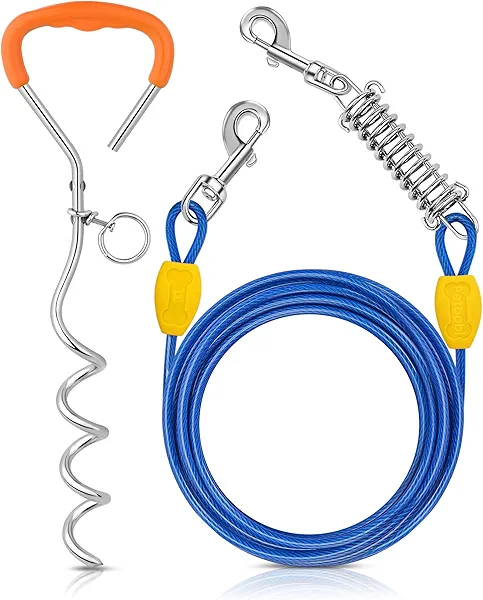 Petbobi Dog Tie-Out Cable and Stake - 10ft Heavy Duty Cable with Spring, No Tangle, 16in Ground Stake, Ideal for Yard, Camping and Beach, Suitable for Small Medium Large Dogs Up to 120 lbs, Blue
