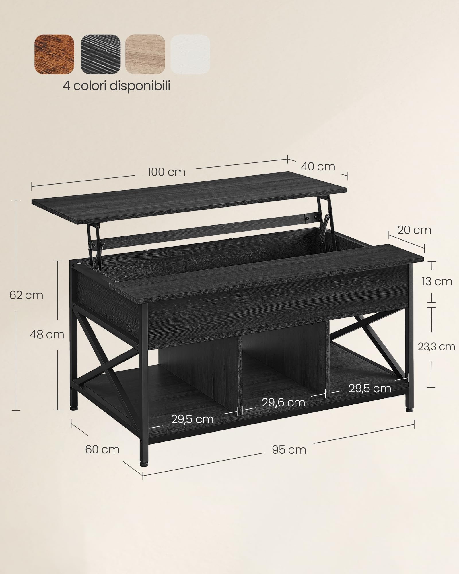 VASAGLE Tavolino da Caffè, Tavolino da Salotto con Piano Sollevabile, Tavolino con Spazio di Organizzatore Aperto e Nascosto, Barre a X, 60 x 100 x (48-62) cm, Grigio Antracite e Grigio LCT205B22