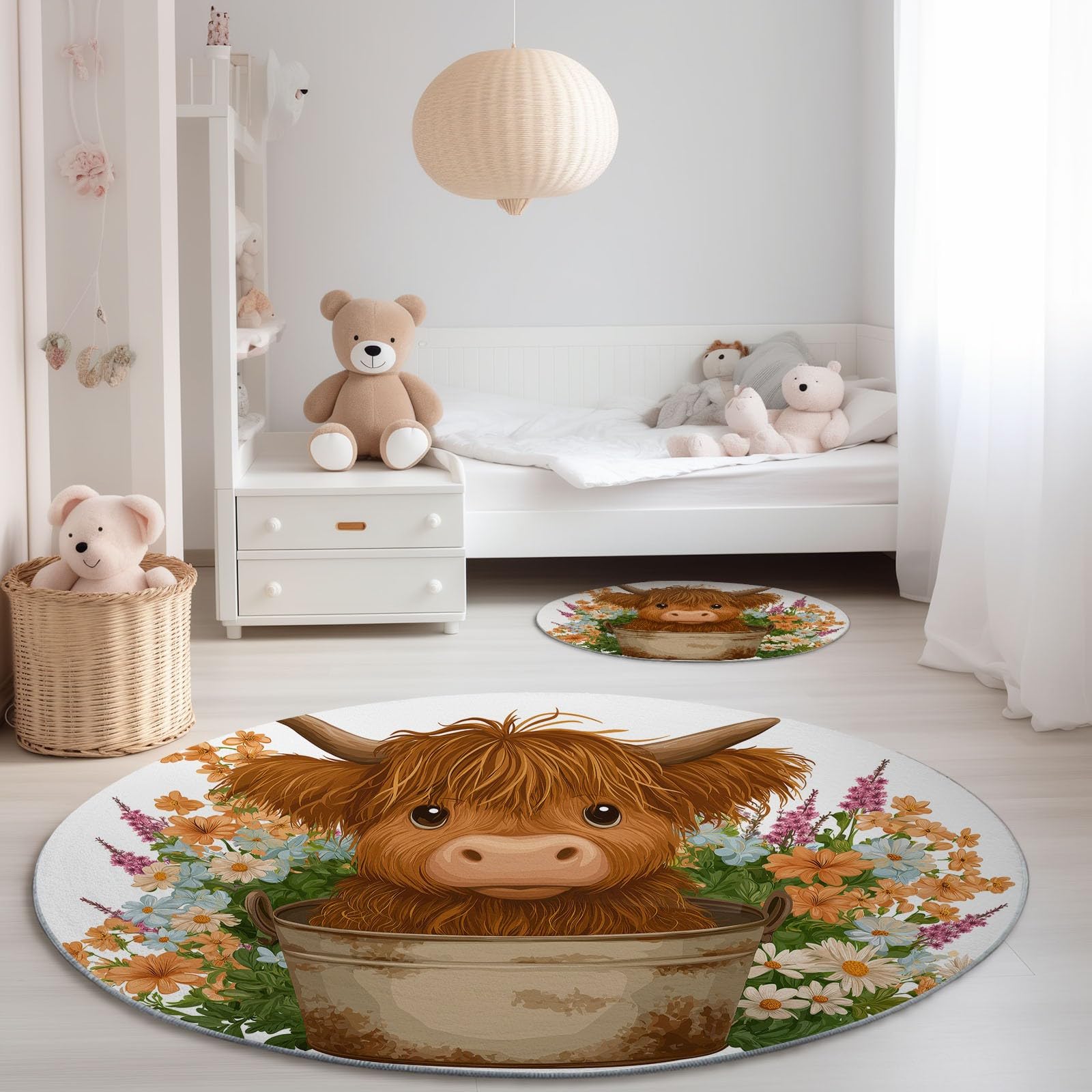 Générique Okrągły dywan Cartoon Highland krowa kwiaty 150 cm, można prać w pralce, do salonu, antypoślizgowy, z nadrukiem, do jadalni, pokoju dziecięcego, żłobka, brązowy
