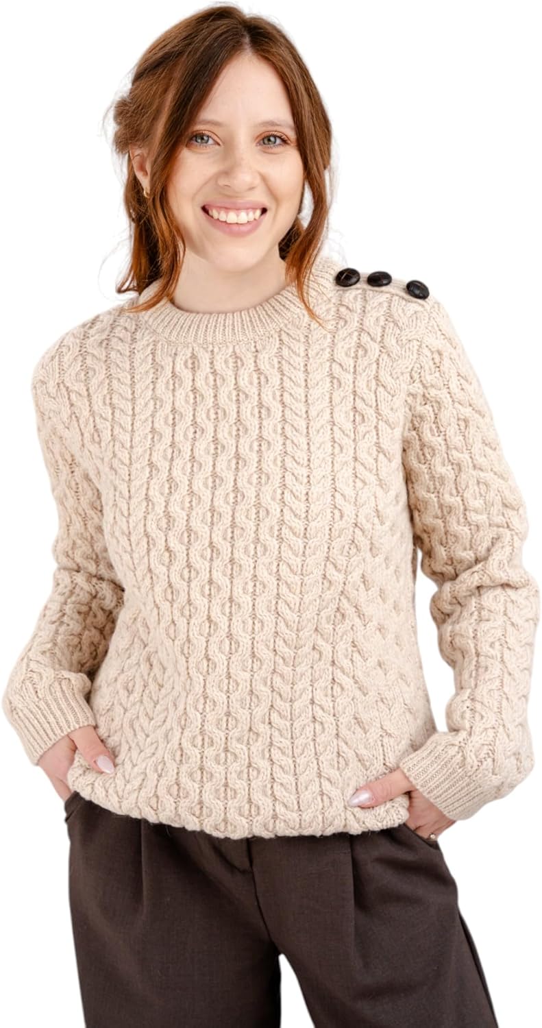 SAOL Women's 100% Merino Wool Side Button Sweater Fit Knitwear