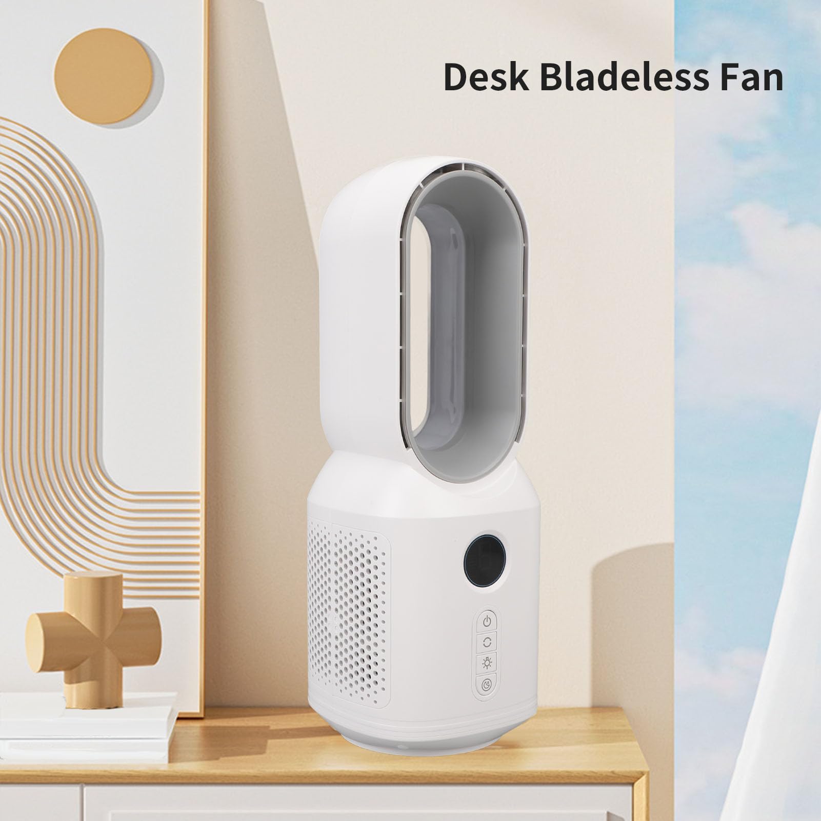 Srliya Desktop-Lüfter ohne Flügel, 3 Geschwindigkeitsstufen, Wind 106 Grad, Oszillierender, Wiederaufladbarer Schreibtischventilator mit LED-Nachtlicht für den Sommergebrauch