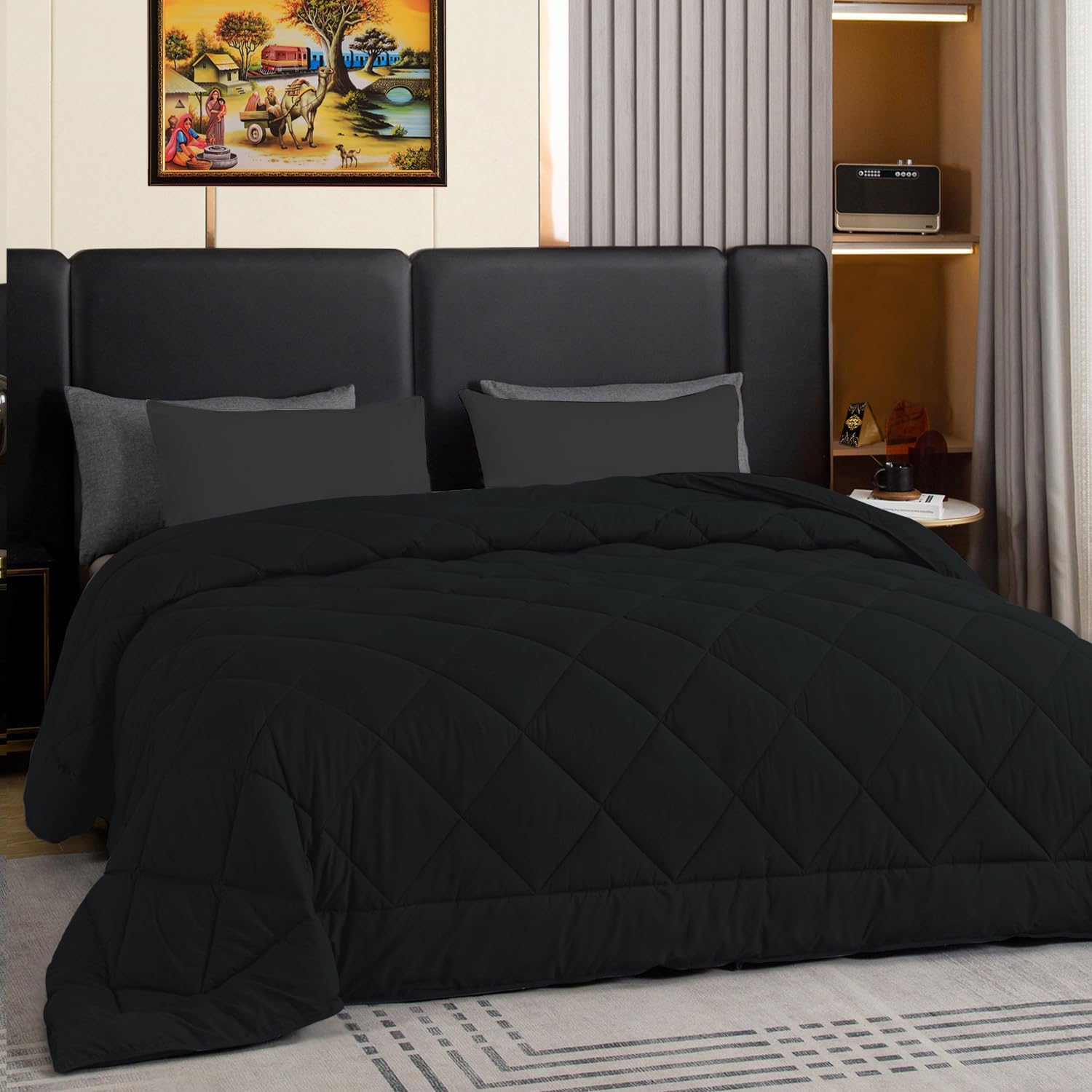 ADBENI HOME AH London Luxurious Comforter 300 TC Cotton Satin 275 GSM Microfiber, Ultimate Bedtime Bliss, All-Season, Lightweight, Hypoallergenic, Soft Quilt, 90X100 Inch, Dark Grey