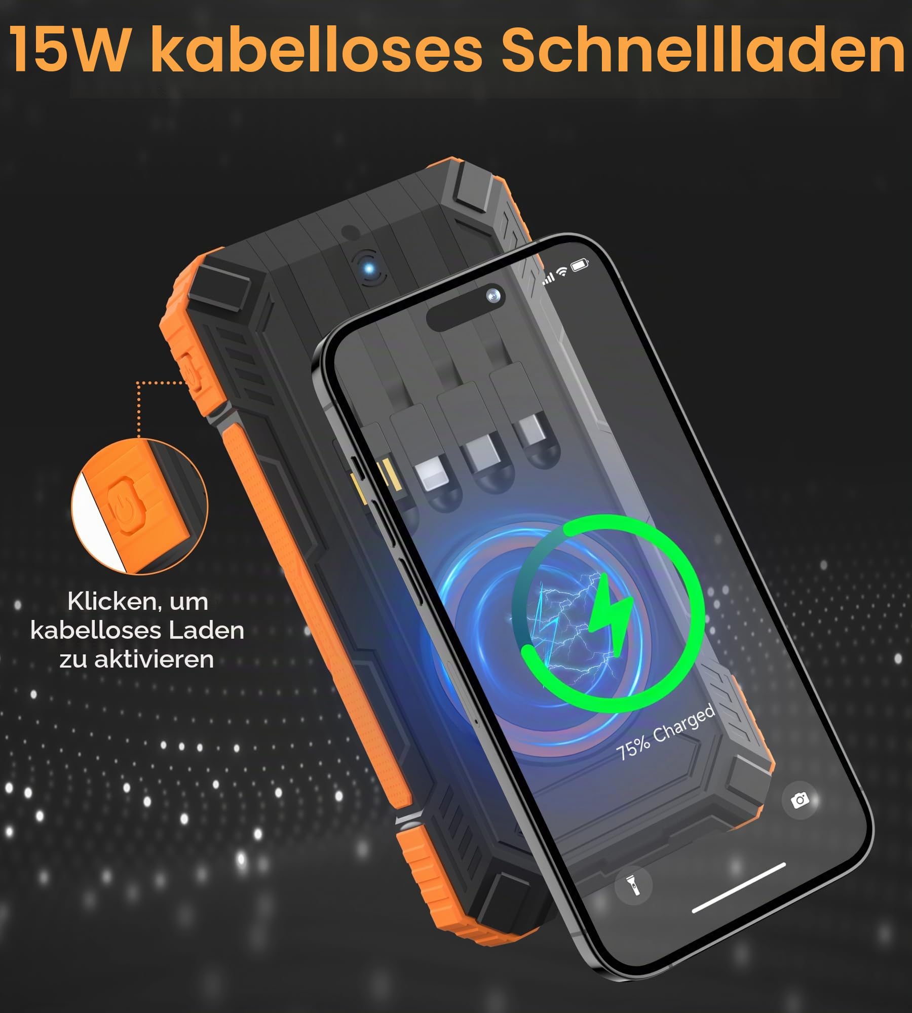 56800mAh Solar Powerbank, Wireless Power Bank groß mit 4 Kabeln, 30W PD Schnellladefunktion, 6 Ausgänge, Taschenlampen, Power Bank große Kapazität für Camping, Outdoor, Phone, Tablets (Orange)