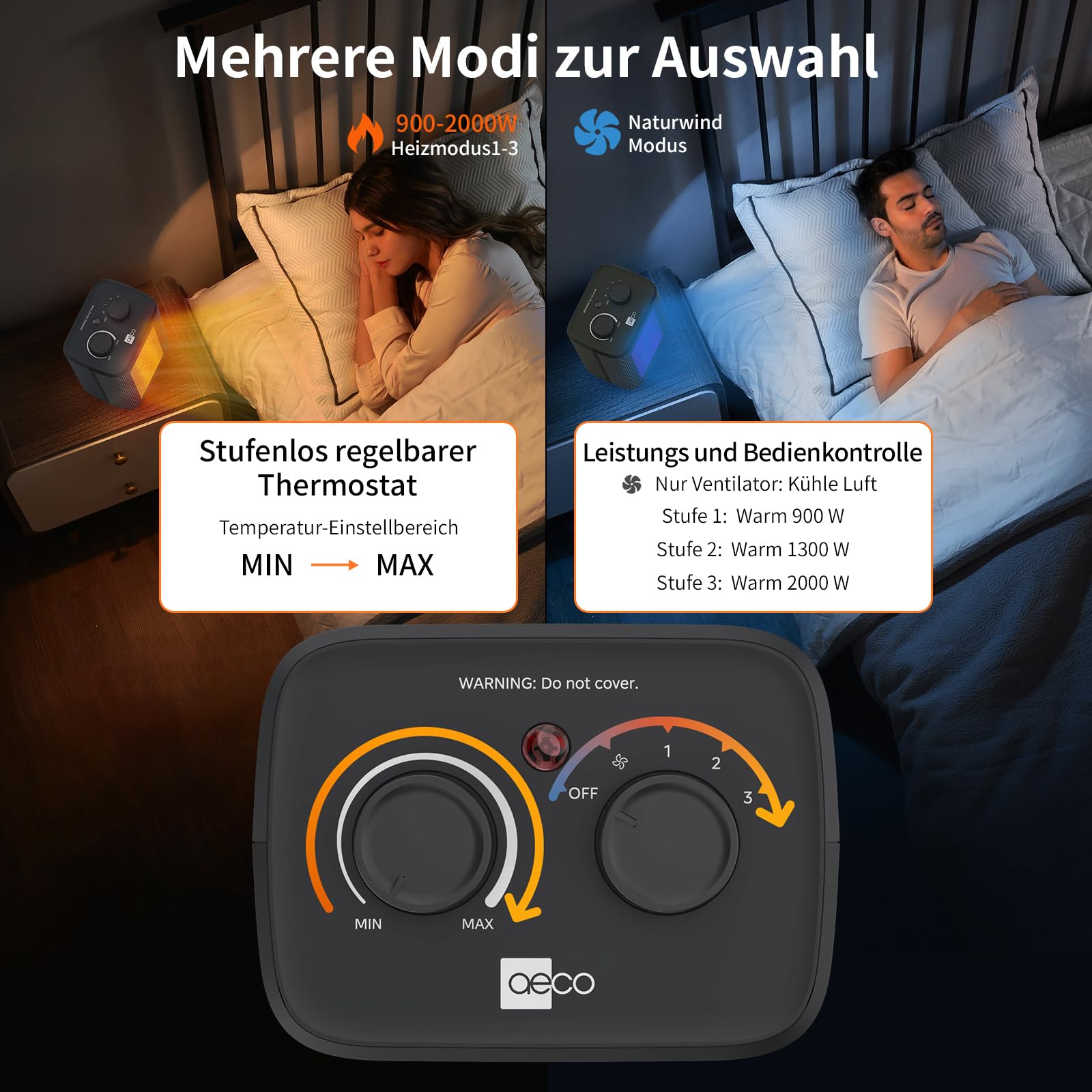 aeco EcoHeat One Heizlüfter klein 2000W energiesparend 3 Heizstufen Elektroheizung PTC Keramik Thermostat Überhitzungs- & Kippschutz Ventilatorfunktion mini camping Heater Kompakter Heim Heizung