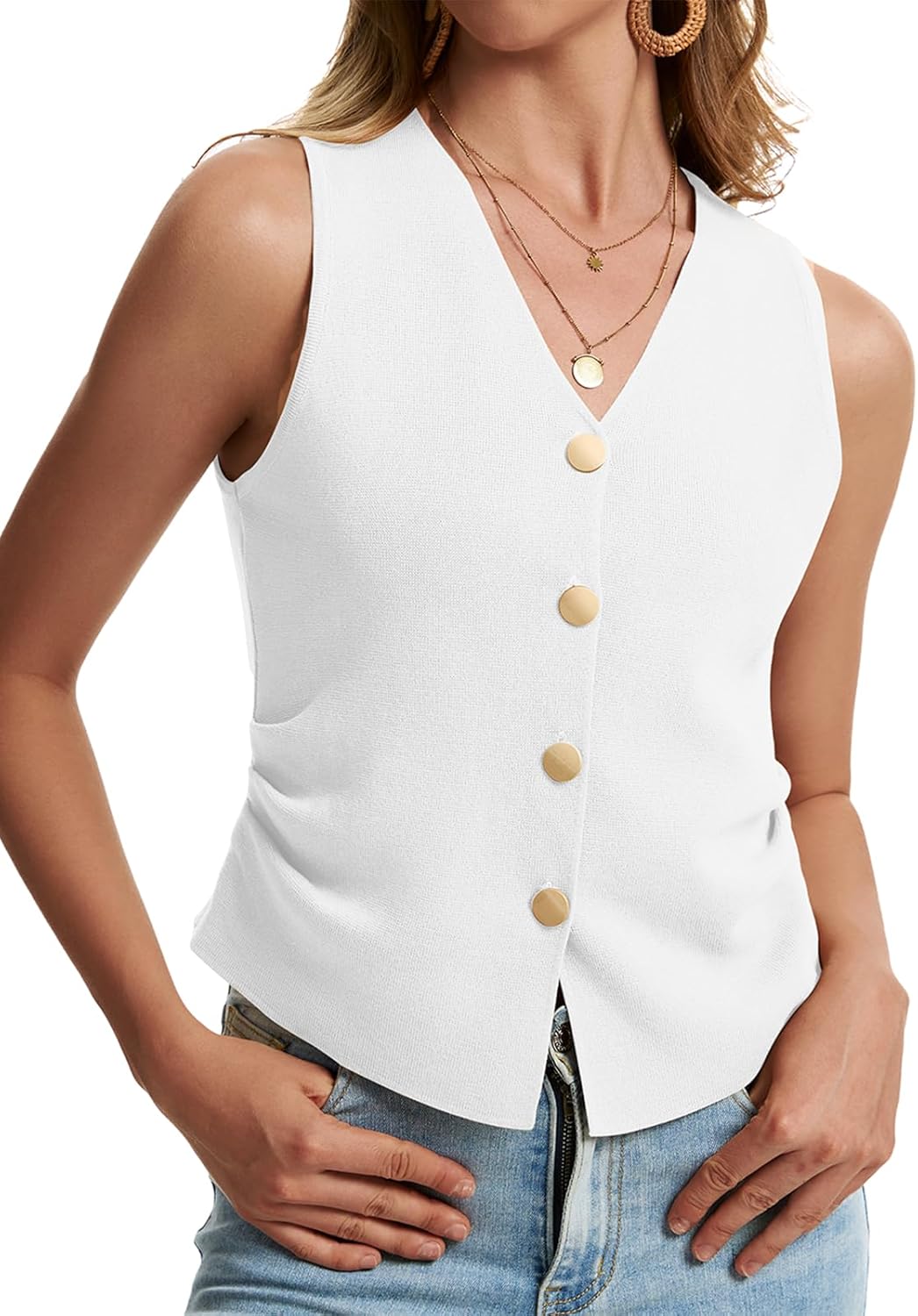 Sweater Vest Women Dressy Button Up Knit Sleeveless Tank Tops Work Business Casual Outfits Summer