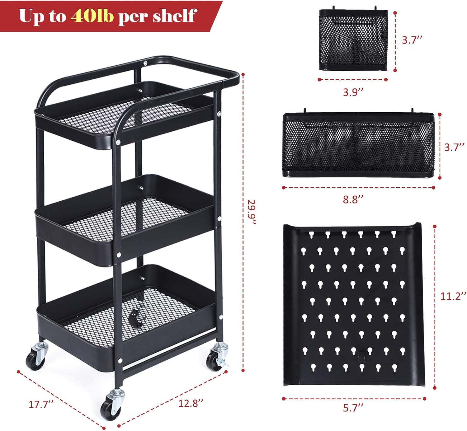 3-Tier Utility Cart, Rolling Storage Cart Shelf Rack with Removable Hooks and Basket Organizer Cart for Kitchen Office Bedroom Bathroom