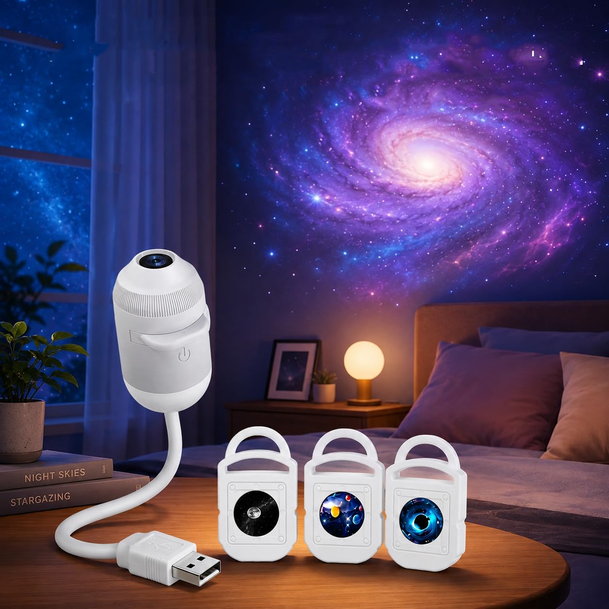 Hd Smart Dynamic 5d Holographic Night Light Projector, Plug and Play Star Projector with 3/6/12/24 Projection Films, 360 Degree USB Galaxy Moon Dream Projector Light for Sleep Mood — image 1