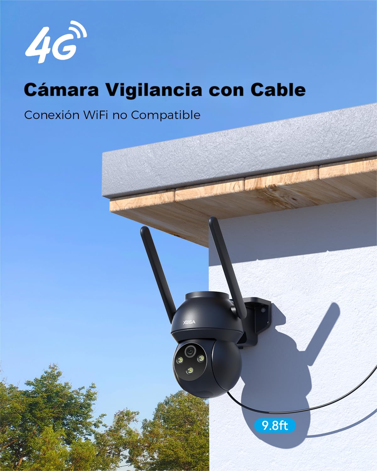 Xega 4G LTE Camara Vigilancia Exterior con Tarjeta SIM, 24/7 Grabación, PTZ Seguimiento Automático, Detección Humana, Foco y Sirena Visión Nocturna en Color 2K HD Almacenamiento TF/Cloud IP66
