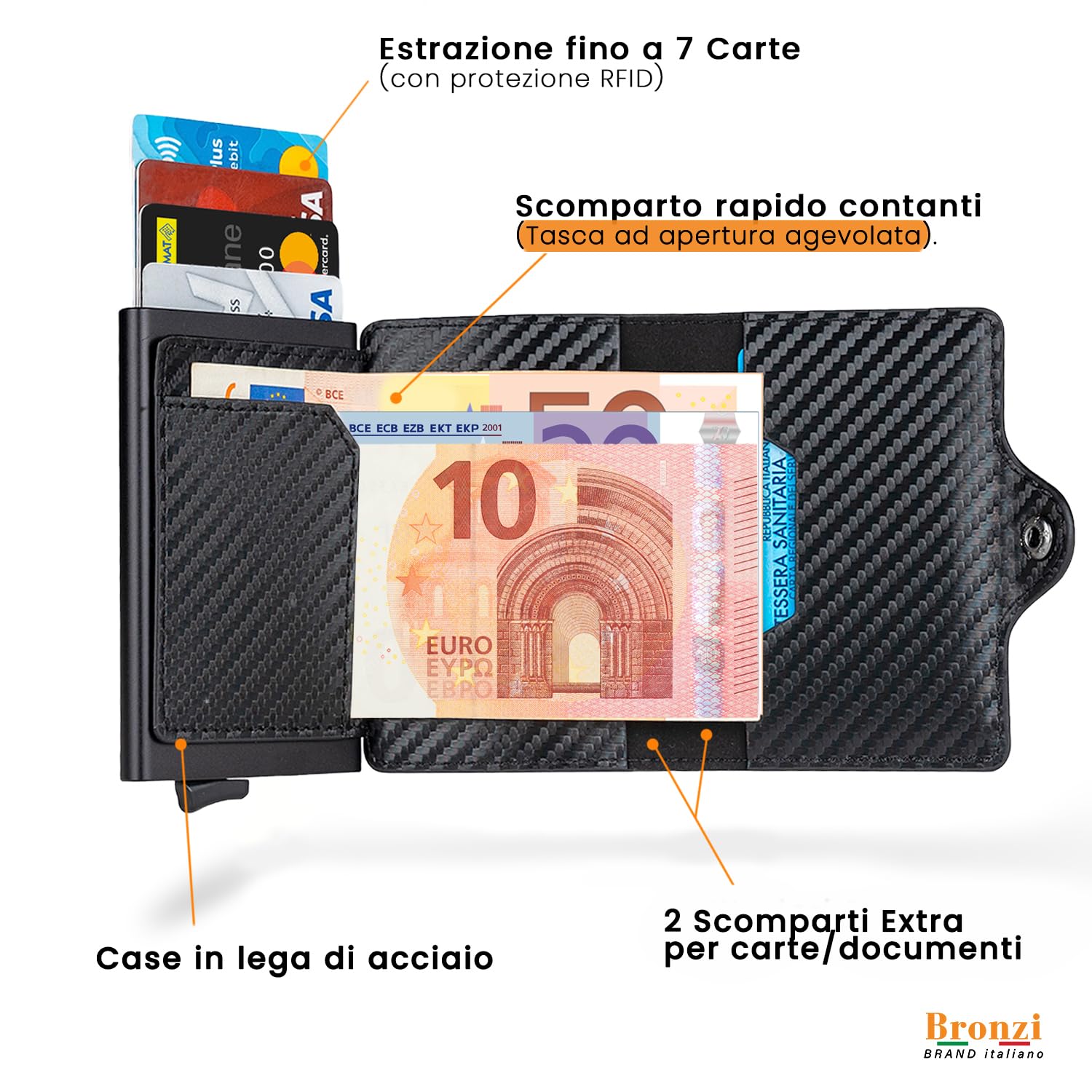 Bronzi® Portafoglio Uomo Slim Piccolo | Portacarte Uomo Donna Portatessere Porta Carte Di Credito | Portafogli Mini Protezione RFID con Portamonete | Box Regalo - Brand Italiano