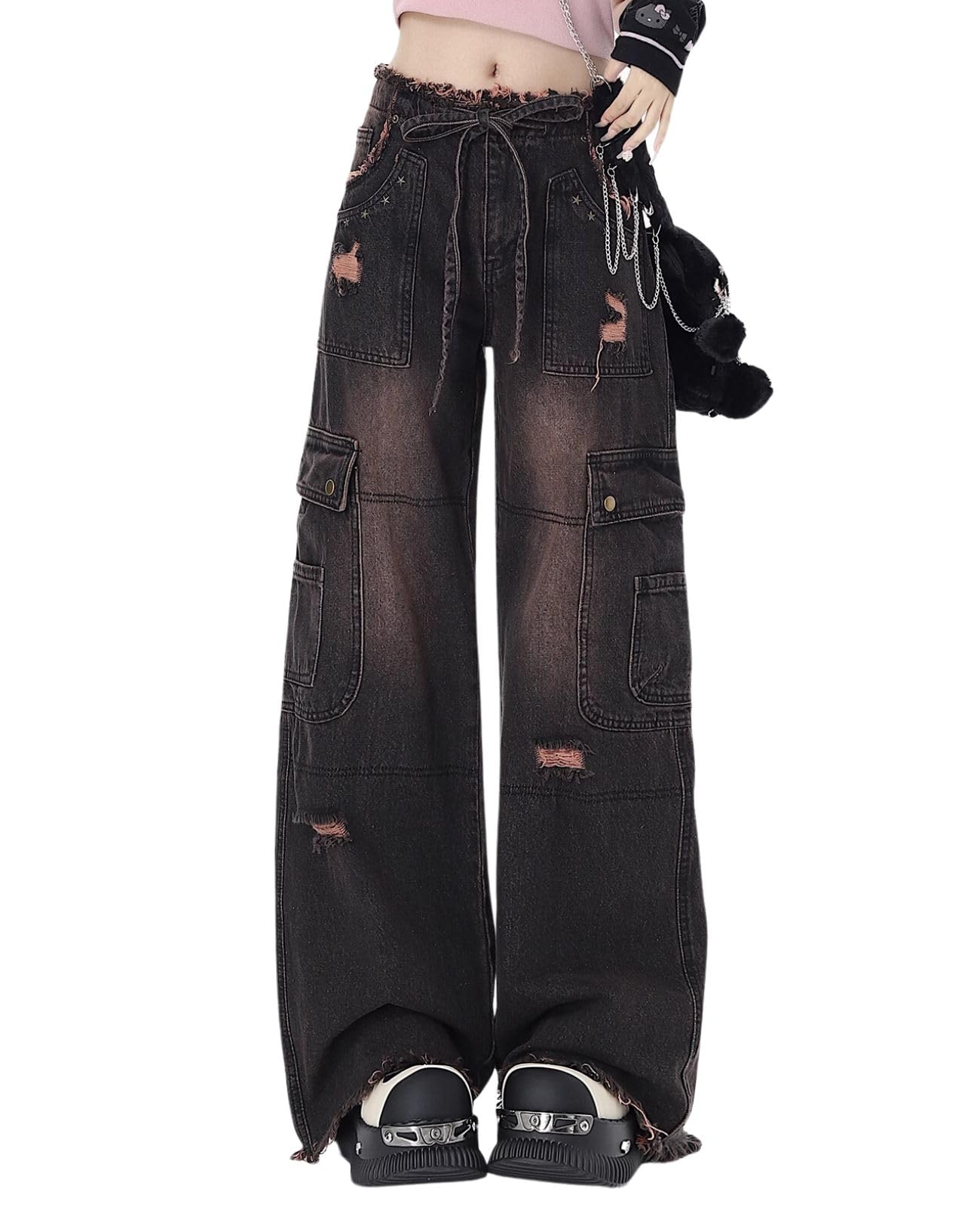 Lafaguw Women's Low Waist Baggy Cargo Pants - Pocket - Wide Leg - Casual - Trendy - Grunge Emo Streetwear, Black 5, L