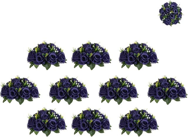 BLOSMON Flower Centerpieces for Tables Wedding 10 Pcs Navy Blue Fake Flowers Rose Arrangement Bouquet Floral Centerpiece Balls Artificial Wedding Center Pieces of Valentines Day Home Party Decor