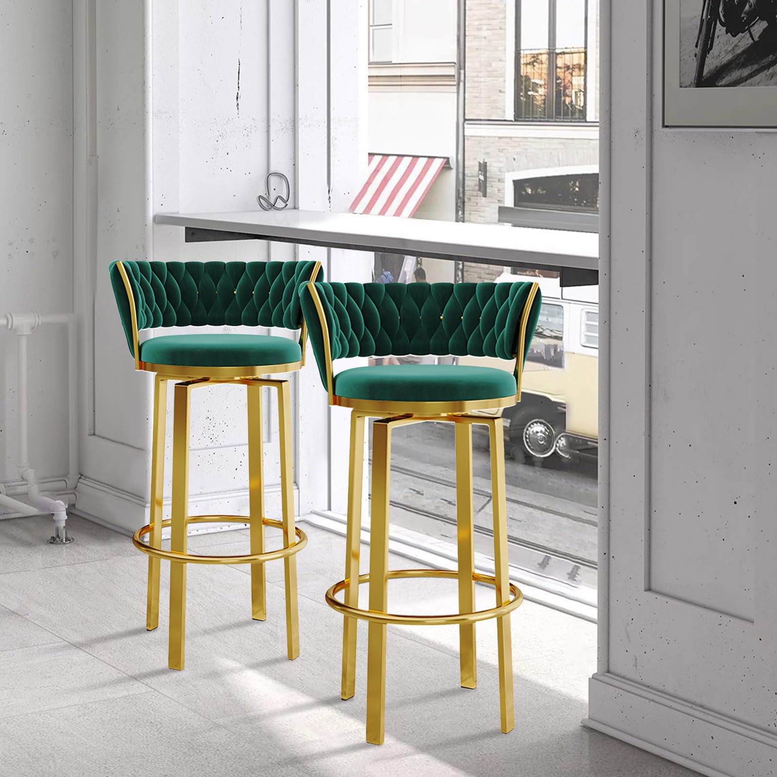 Set di sgabelli da bar moderni in velluto verde girevole, 1/2/3/4, sedie imbottite con schienale intrecciato e gambe a D, altezza 75 cm, per cucina, sala da pranzo e bar di casa