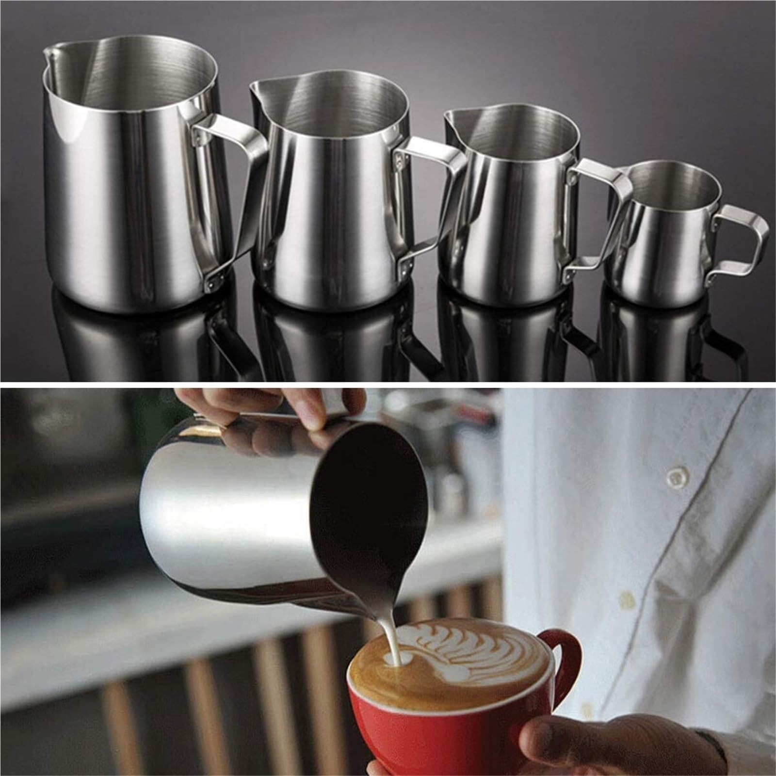 Jarra de espuma de leche, jarra de espuma de café de acero inoxidable, 150-1000 ml, perfecta para espresso o latte, herramienta profesional de barista para espuma suave