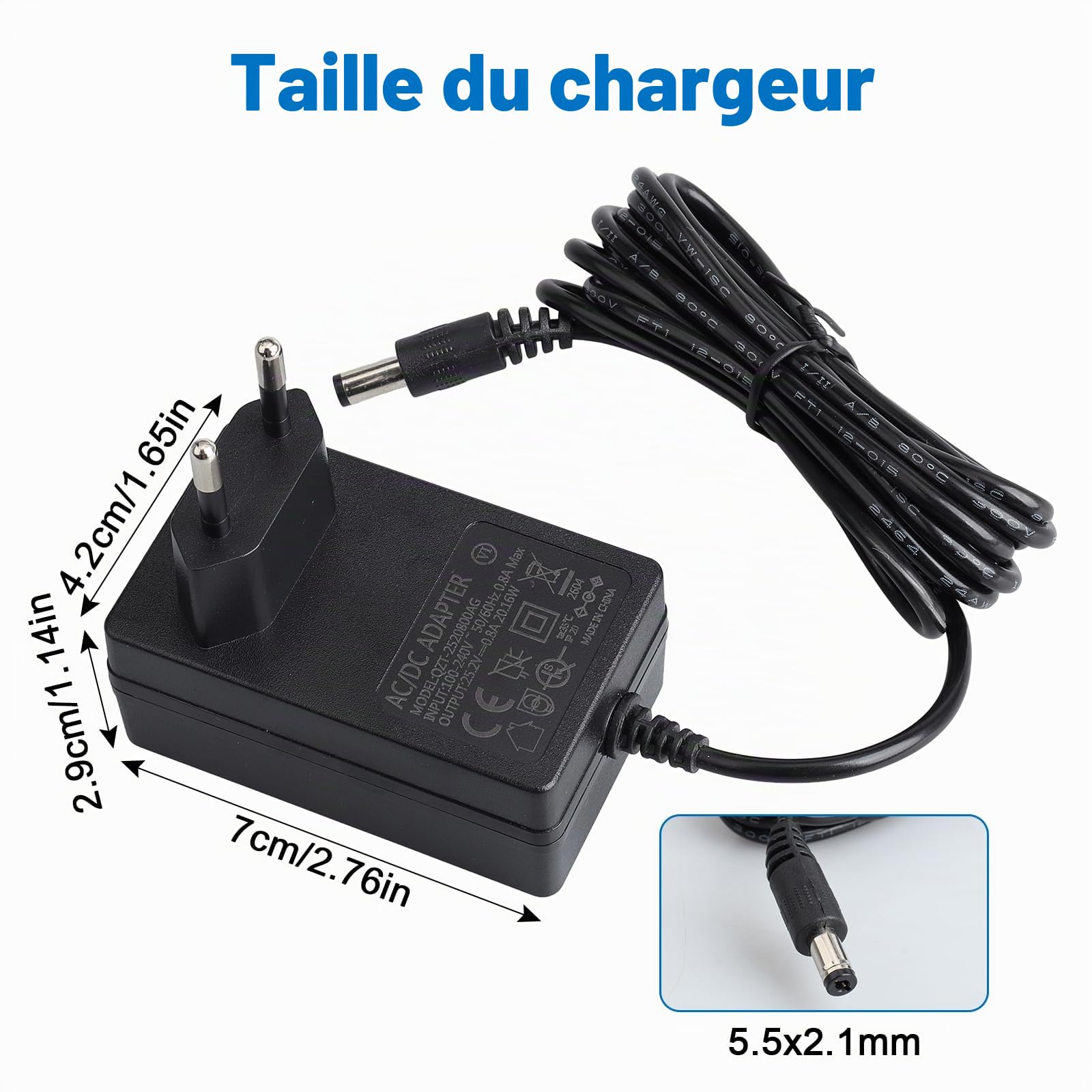 Adaptateur secteur 25,2 V 0,8 A pour Segway Ninebot eKickScooter Zing E8 E10 E12 C8 C10 C15 C20 C2 C2 Pro Trottinette électrique pour enfant Modèle NB-25D2-00D8-US Segway Chargeur de trottinette