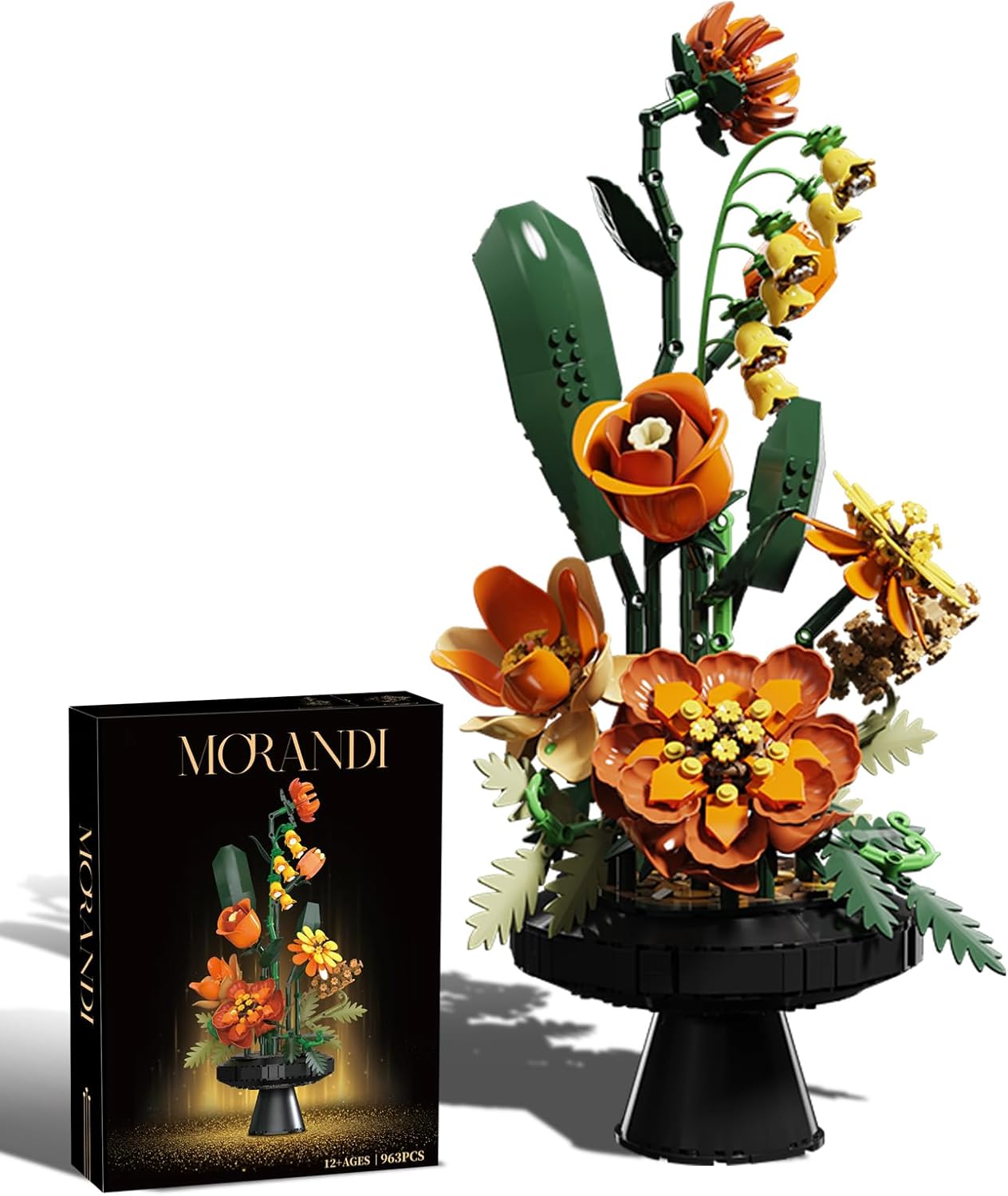 Morandi Flower Building Block Set,Compatible with Lego Flower Featuring Printed Floral Patterns on The Blocks' Petals, Ideal for Tabletop displays and as (Orange，963PCS)