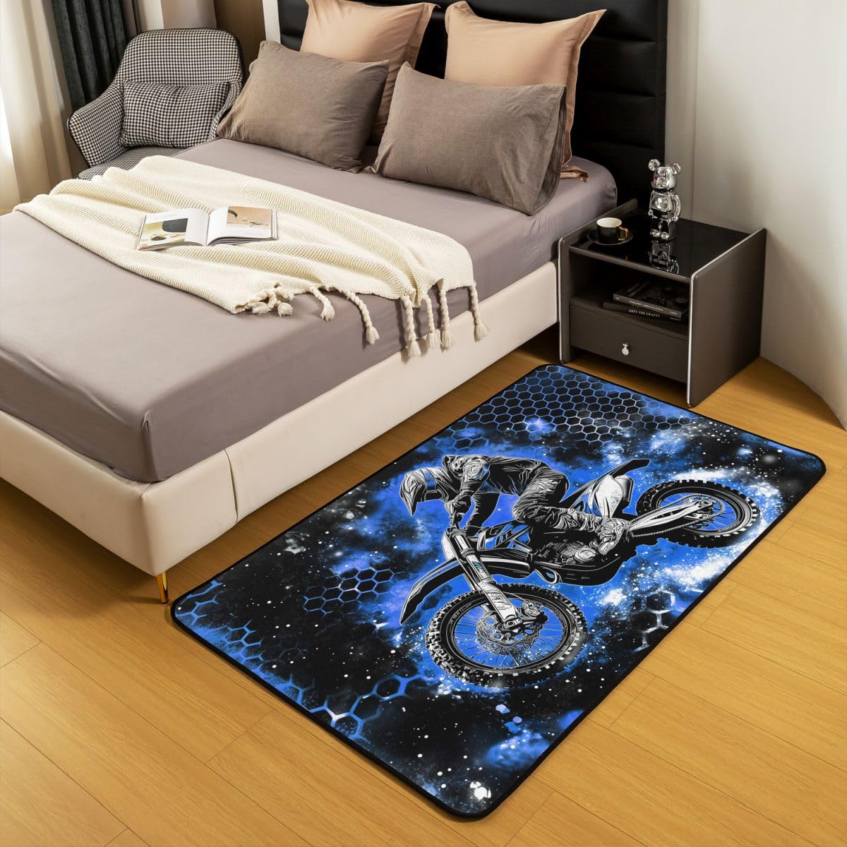 Motocross Wohnzimmer Teppich 150x200cm Extreme Sports Racing Dirt Bike Spiel Schlafzimmerbereich Teppich für Jungen Mädchen Geometrische Honeycomb Motorrad Sechseck Bodenmatte Heimdekor