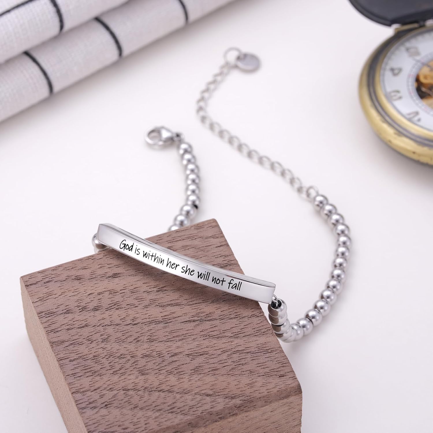 Christian Faith Gift for Women with Inspirational Bible Verse - God is Within Her, Uplifting Religious Adjustable Steel Beaded Bracelet, Faith-Based Gift for Her, Women's Baptism Jewelry - Image 2