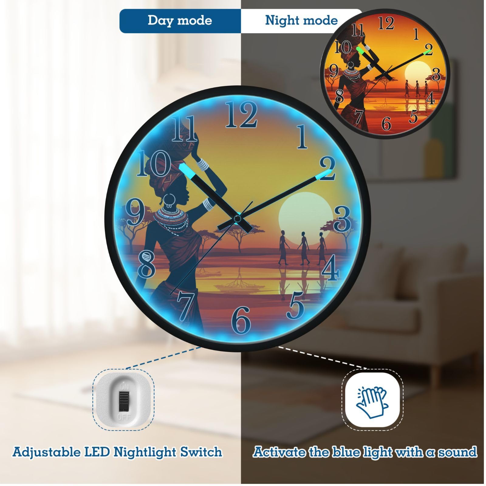 Mnsruu Reloj de pared luminoso, reloj de pared con diseño de tribu africana que brilla en la oscuridad, funciona con pilas, silencioso, sin tictac, luz nocturna para dormitorio