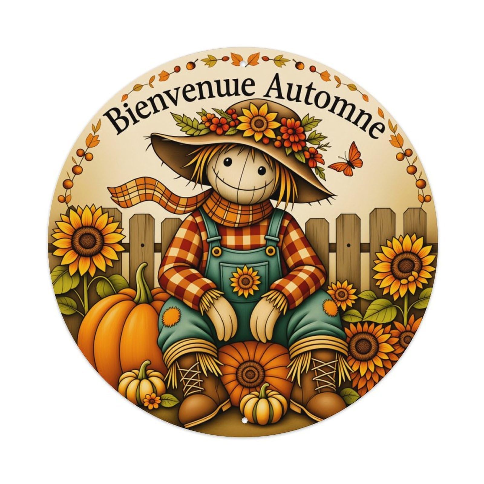 Scarecrow Sunflower Pumpkin Autumn Fence Round Tin Sign Vintage Metal Poster Retro Bar, Home, Man Cave, Kitchen, Laundry Room Wall Art Decor Gift 8x8In
