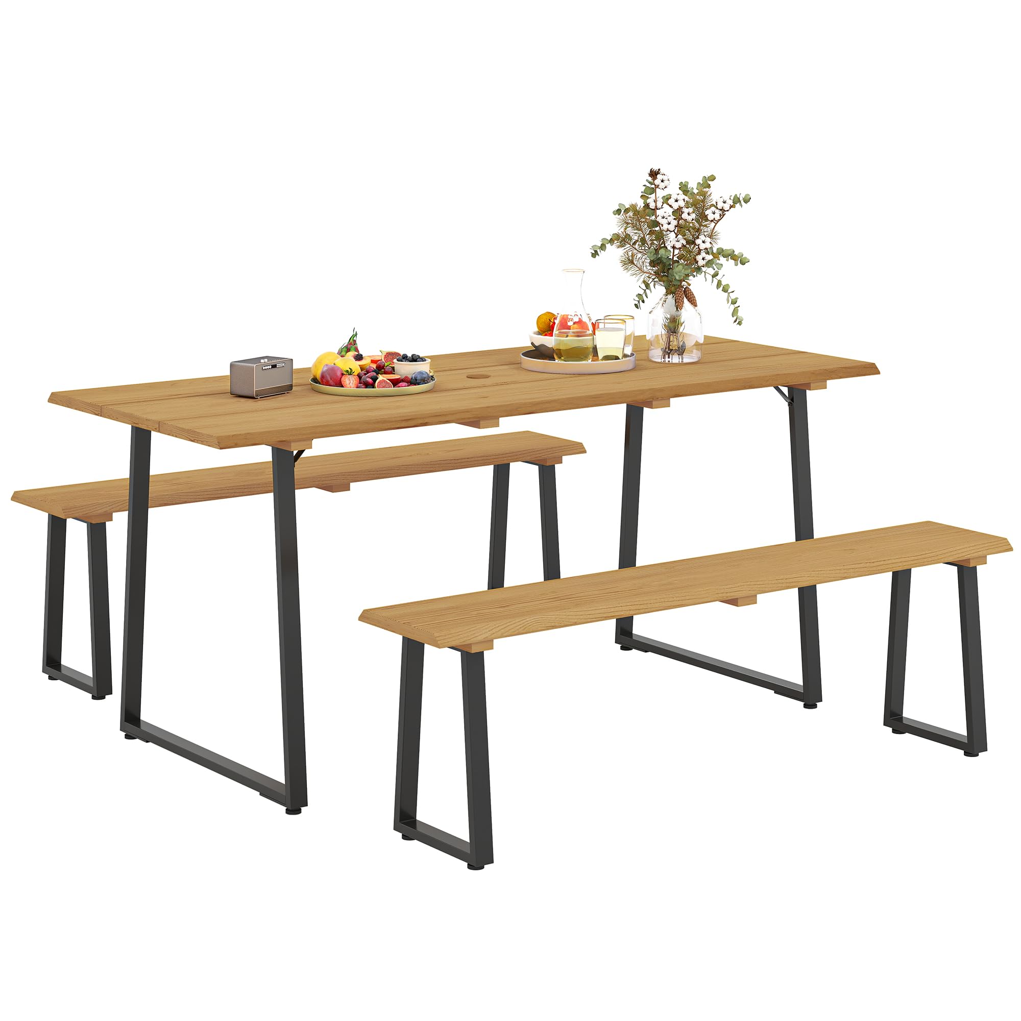 Outsunny Sitzgruppe 3-teilig Holz Essgruppe für 6 Personen Esstisch mit 2 Bänke Schirmloch Esszimmergruppe mit Holztisch Küchentisch-Set Balkonmöbel Gartenmöbel für Terrasse, Balkon Naturholz