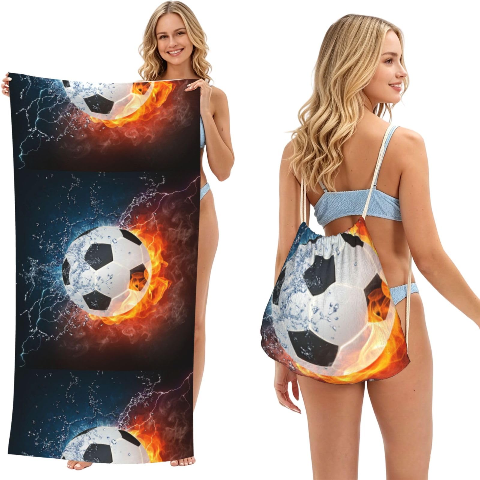 Poadnly As Picture Soccer Ball On Fire And Water, 2 In 1 Packable Towel Bag, Beach Towels With Drawstring Backpack For Travel Holiday Camping