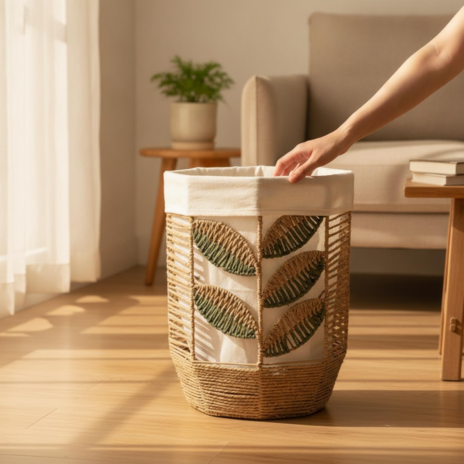 Amagogo Cesto Porta Biancheria Cesto Cesta Lavanderia Contenitore Organizzatore con Rivestimento in Cotone Lino Intrecciato con Bordo Rinforzato E Manico, Grande, Stile Rustico Con Motivo A Foglie
