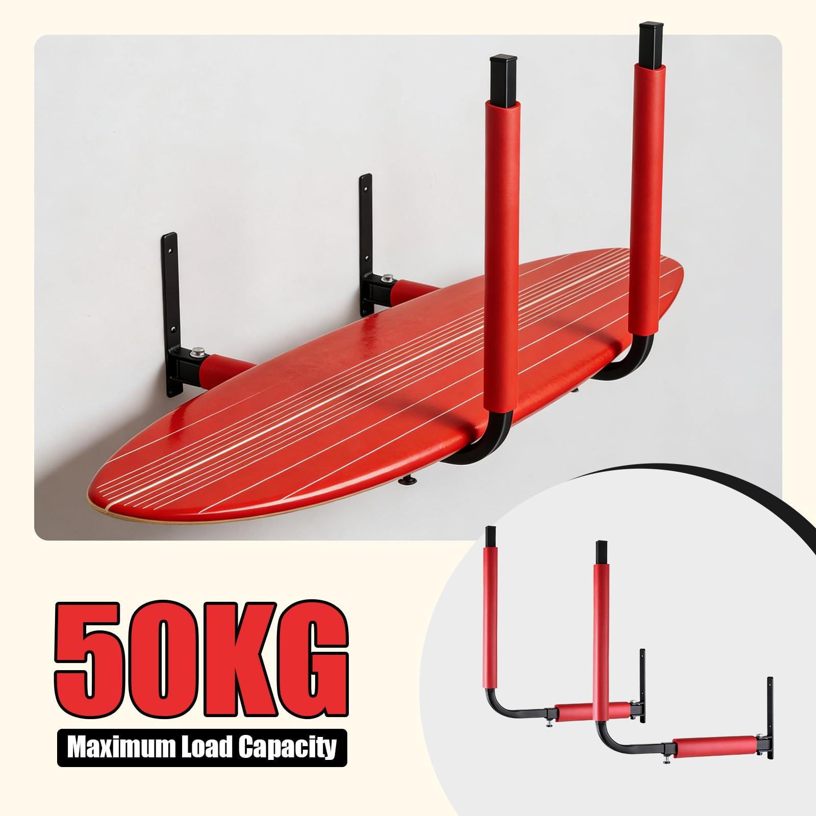 SWAWIS 1 Coppia Supporti da Parete per Box Tetto in Acciaio, con Schiuma Anti-Graffio, Regolabile 33-57 cm, Portata Massima 50 kg, per Riporre Tavole da Surf, Paddle, Utensili da Giardino(Rosso)