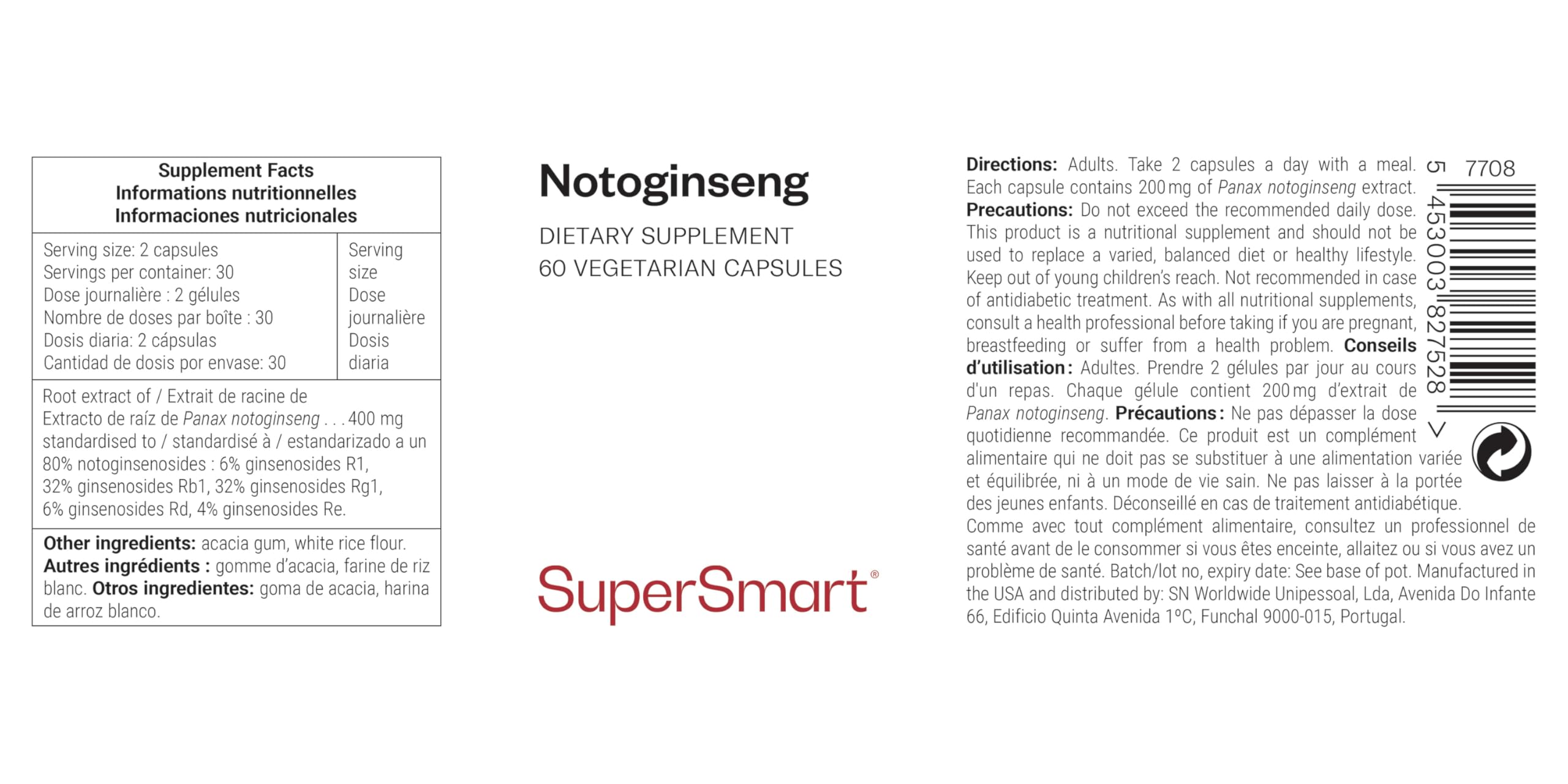Panax Notoginseng - Sans OGM - 60 Capsules Végétariennes - SuperSmart | Panax ginseng standardisé à 80 % de notoginsénosides - Contribue à Améliorer les Problèmes de Circulation Sanguine