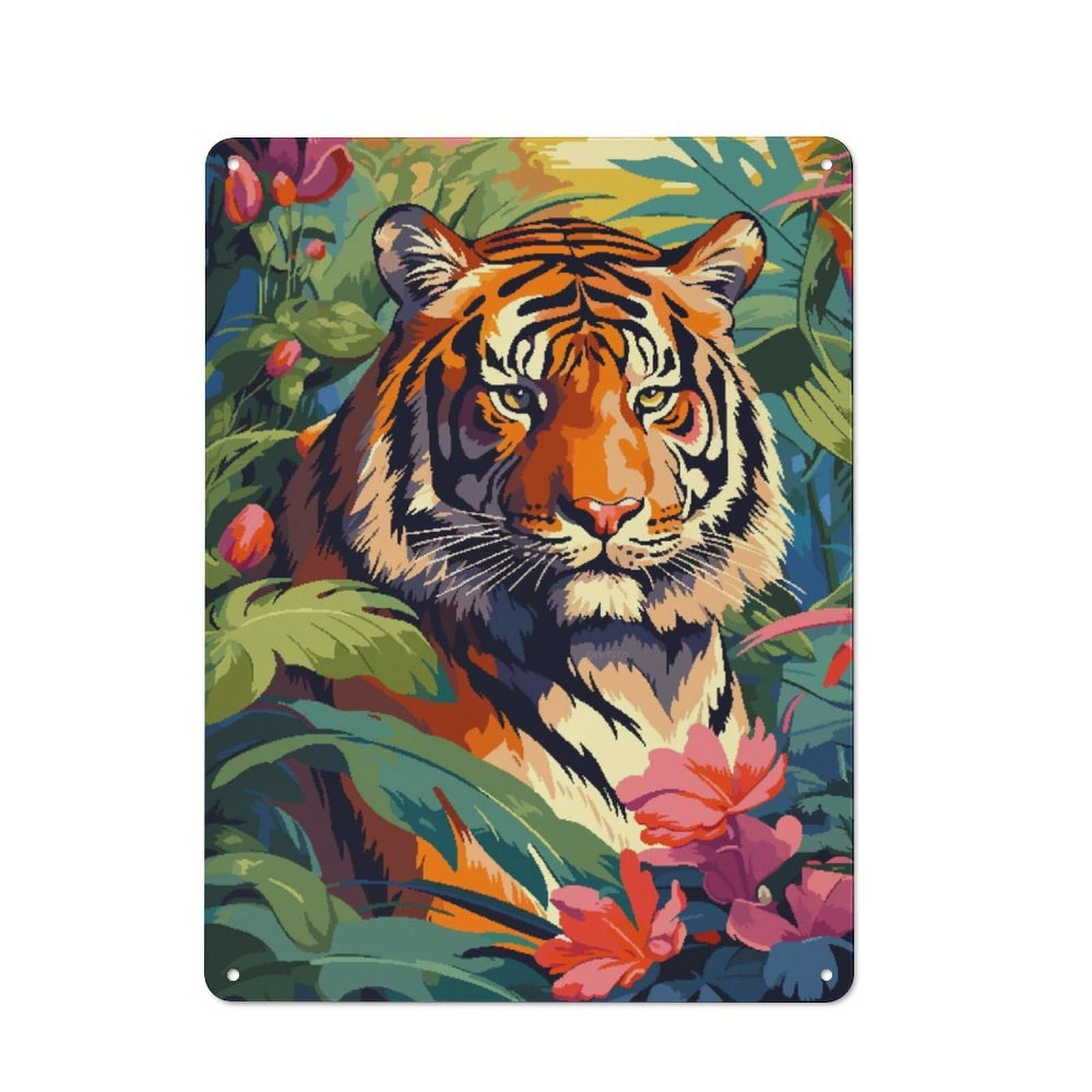 Junmoney Tiger Of Jungle Pixel Art Rustic Metal Wall Sign 40X30cm For Kitchen Or Home Bar, Suited To Home Bar Enthusiasts