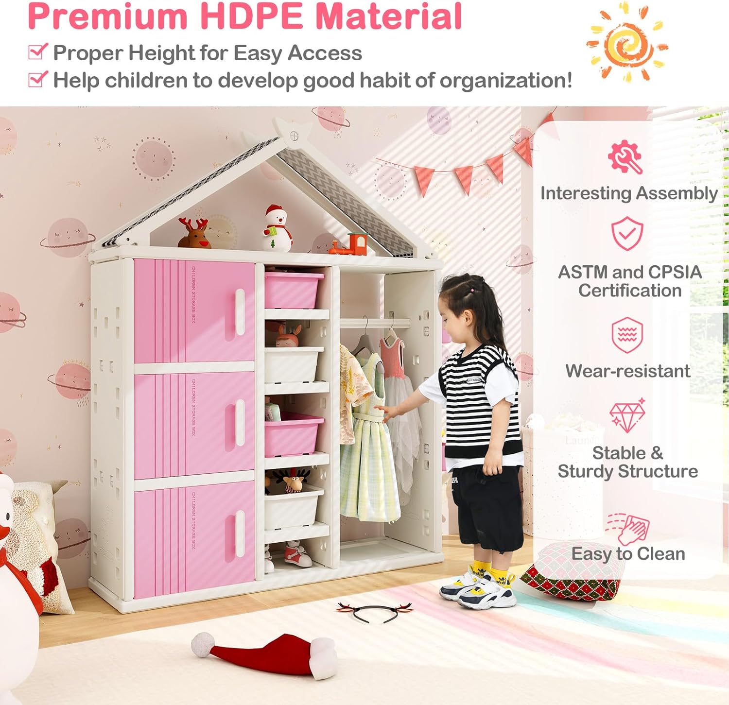 Costzon Kids Dress Up Storage, Open Hanging Armoire Closet with Storage Bins, Shelves, Side Baskets, Kids Dress Up Rack for Little Girls, Kids Wardrobe Closet for Kids Room, Bedroom (Pink)