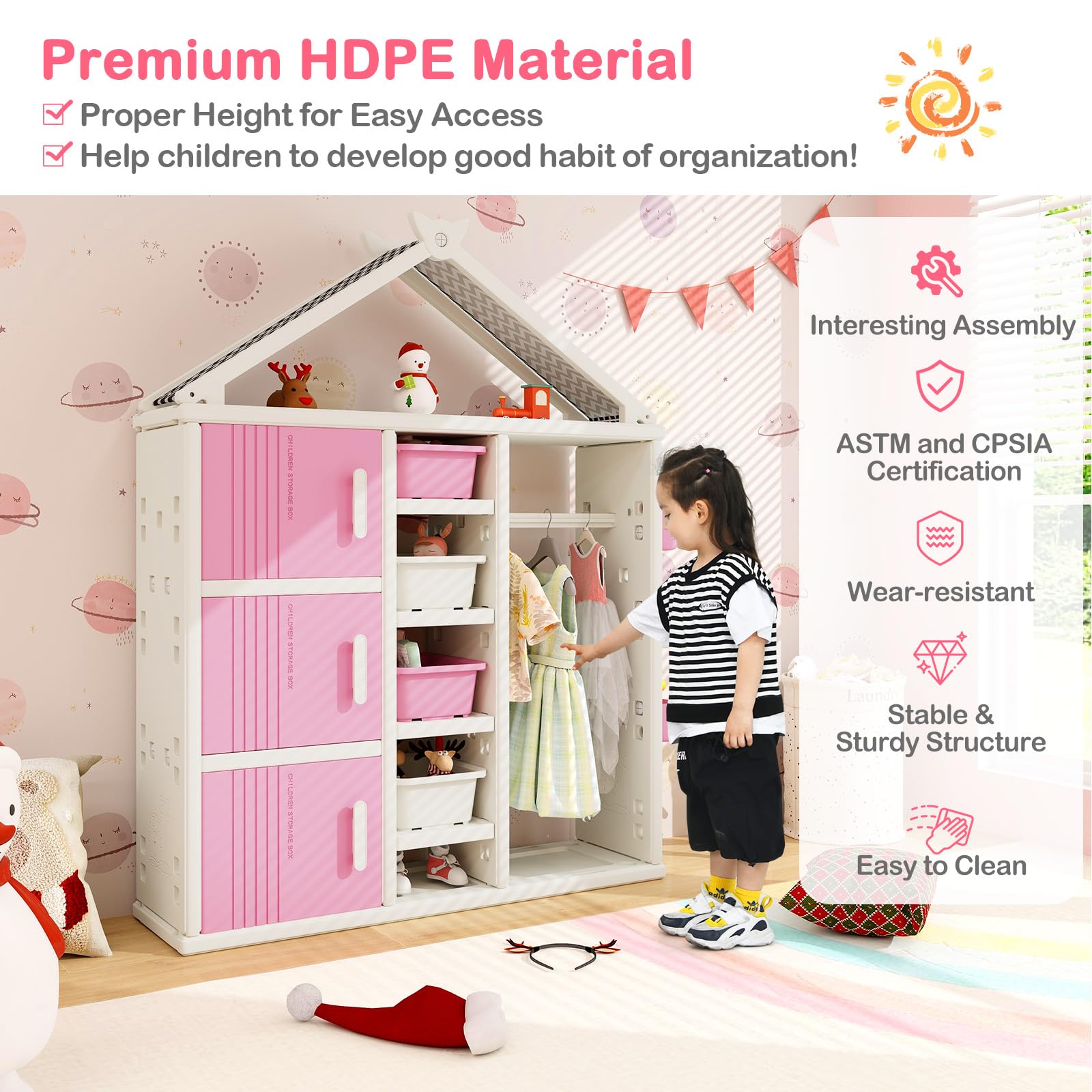 FANTASK Kinderregal in Hausform, 130 x 34 x 156 cm, Kindergarderobe mit Regalen, Seitenkörben & 4 Aufbewahrungsboxen, Kinder Kleiderschrank für Kinderzimmer (Rosa)