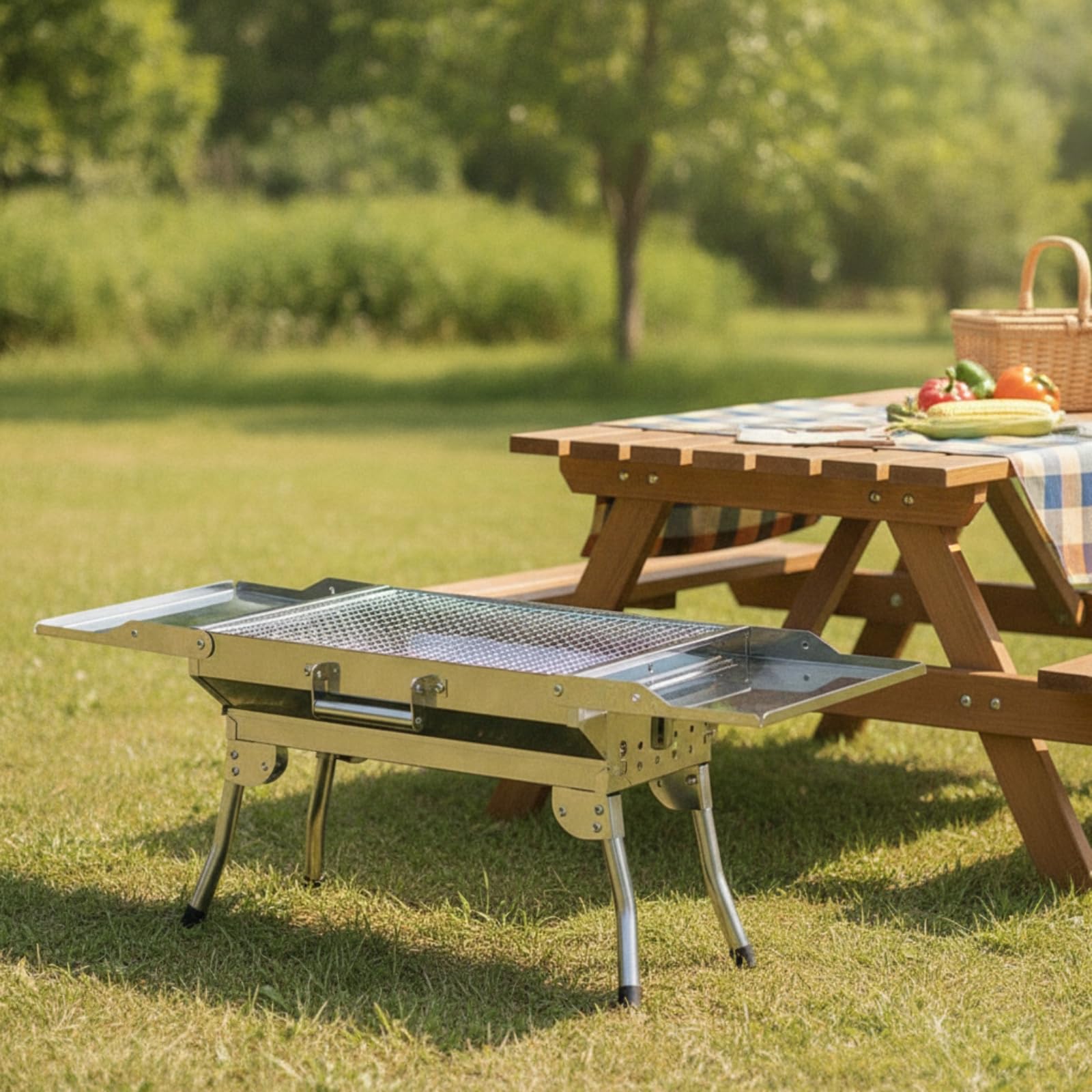 Gralara Barbecue a Carbone Pieghevole Co Barbecue Portatile con Ripiani Robusto Griglia Pieghevole con Maniglia per Campeggiatori, Famiglie, Picnic, Verde Militare, 82 30 35 Cm