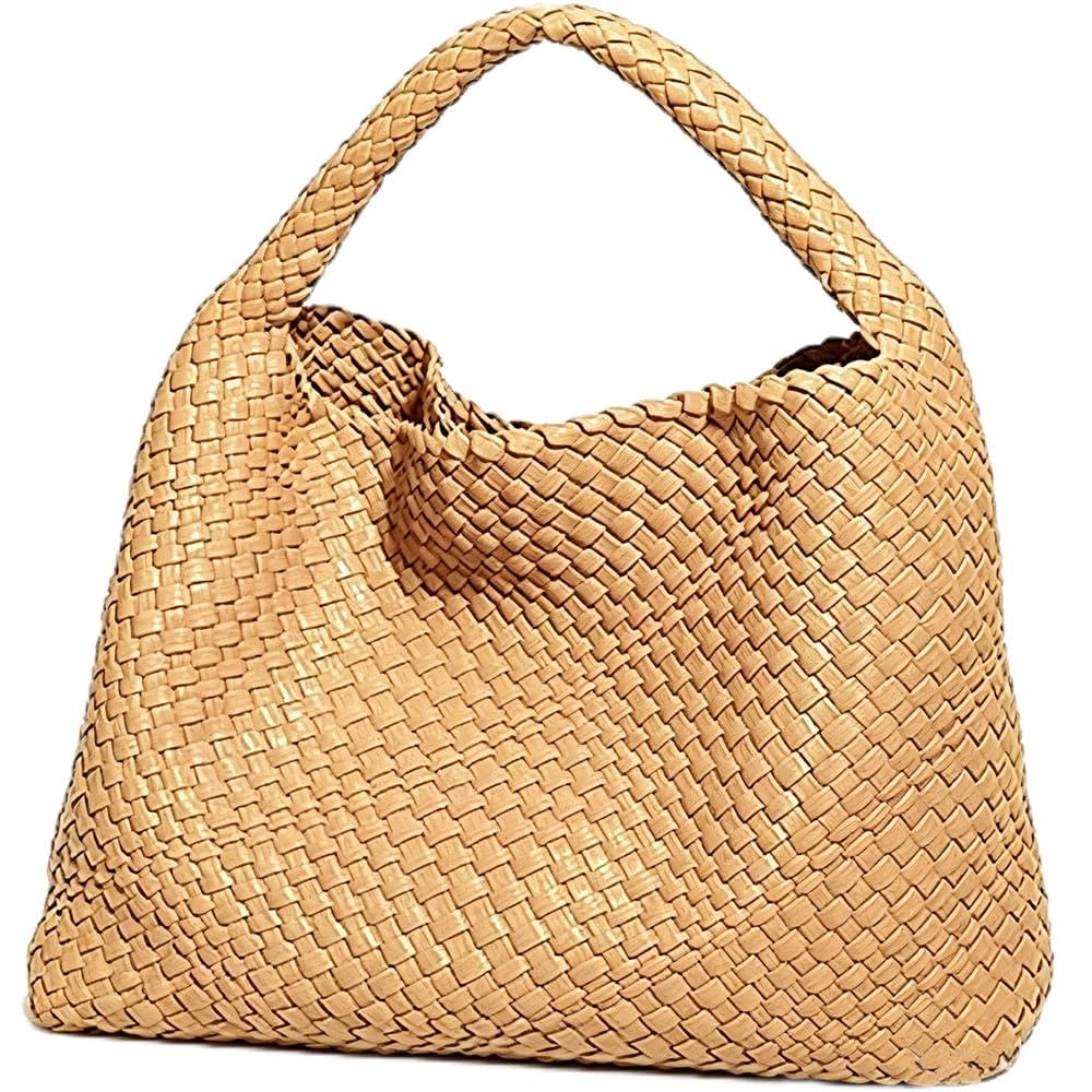 2026 Woven Tote Bag for Women, Extra Large Capacity Fashion Soft Leather Hobo Underarm Bag, Large Capacity Travel Handbag Retro Handmade Shoulder Bag (Apricot)