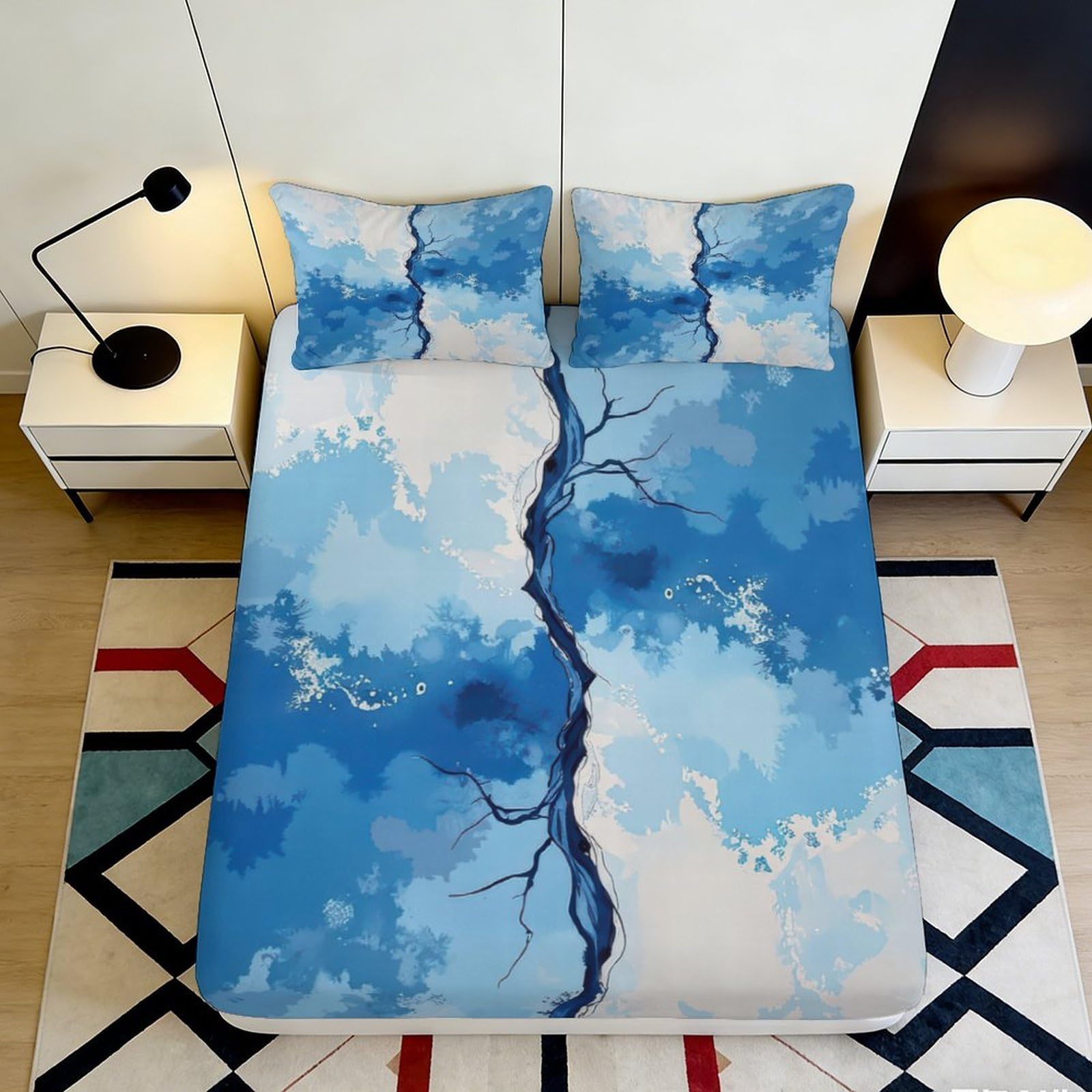 3D Printed Blue Abstract Tree Fitted Sheet Microfiber Anti-Slip Watercolor Sky Bed Cover for Bedroom Guest Room Mattress Protection 180x200x25cm