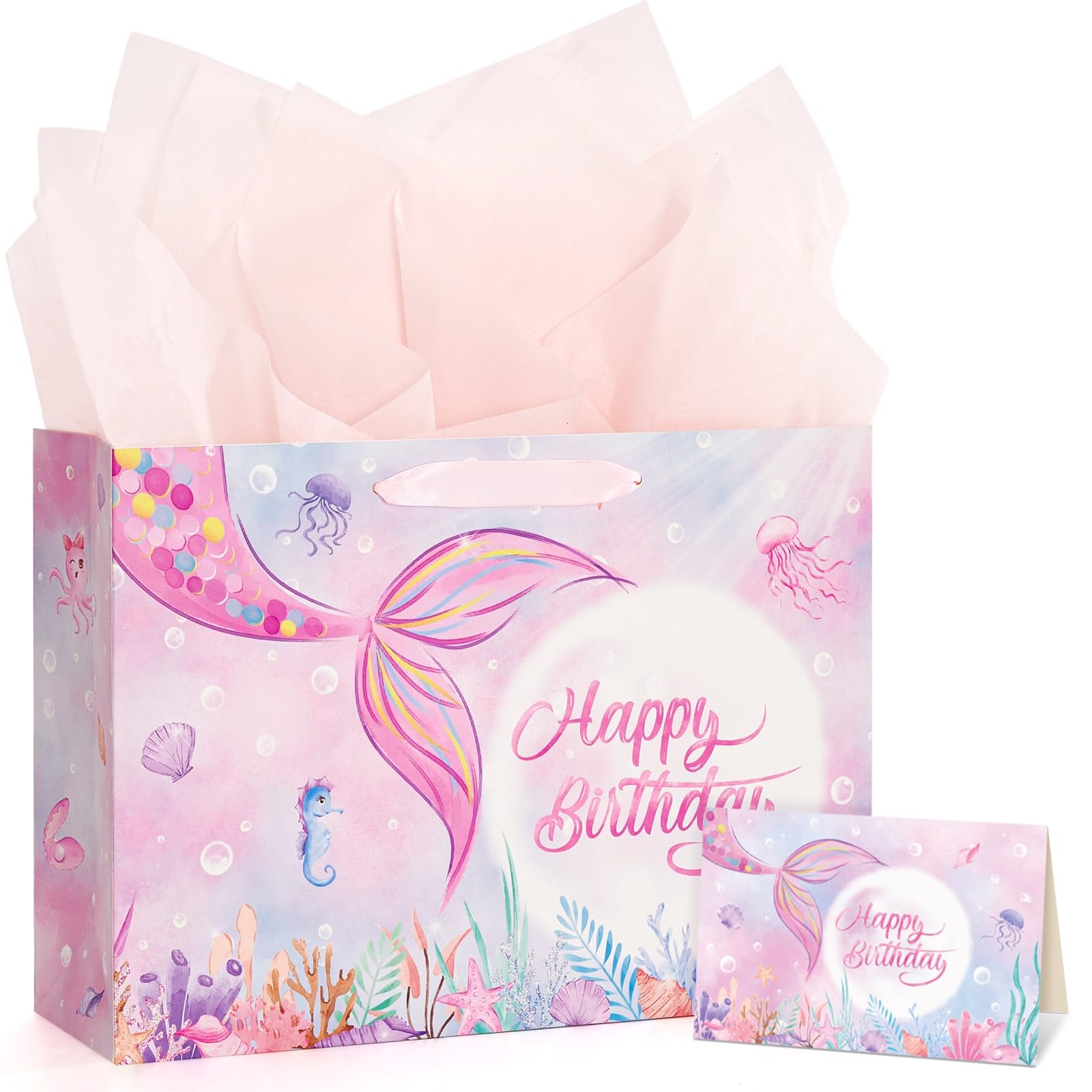 WERNNSAI Mermaid Birthday Bag – 13” Large Birthday Gift Bags for Girls with Greeting Card, Tissue Paper and Handles – Mermaid Gift Bag for Girls' Party
