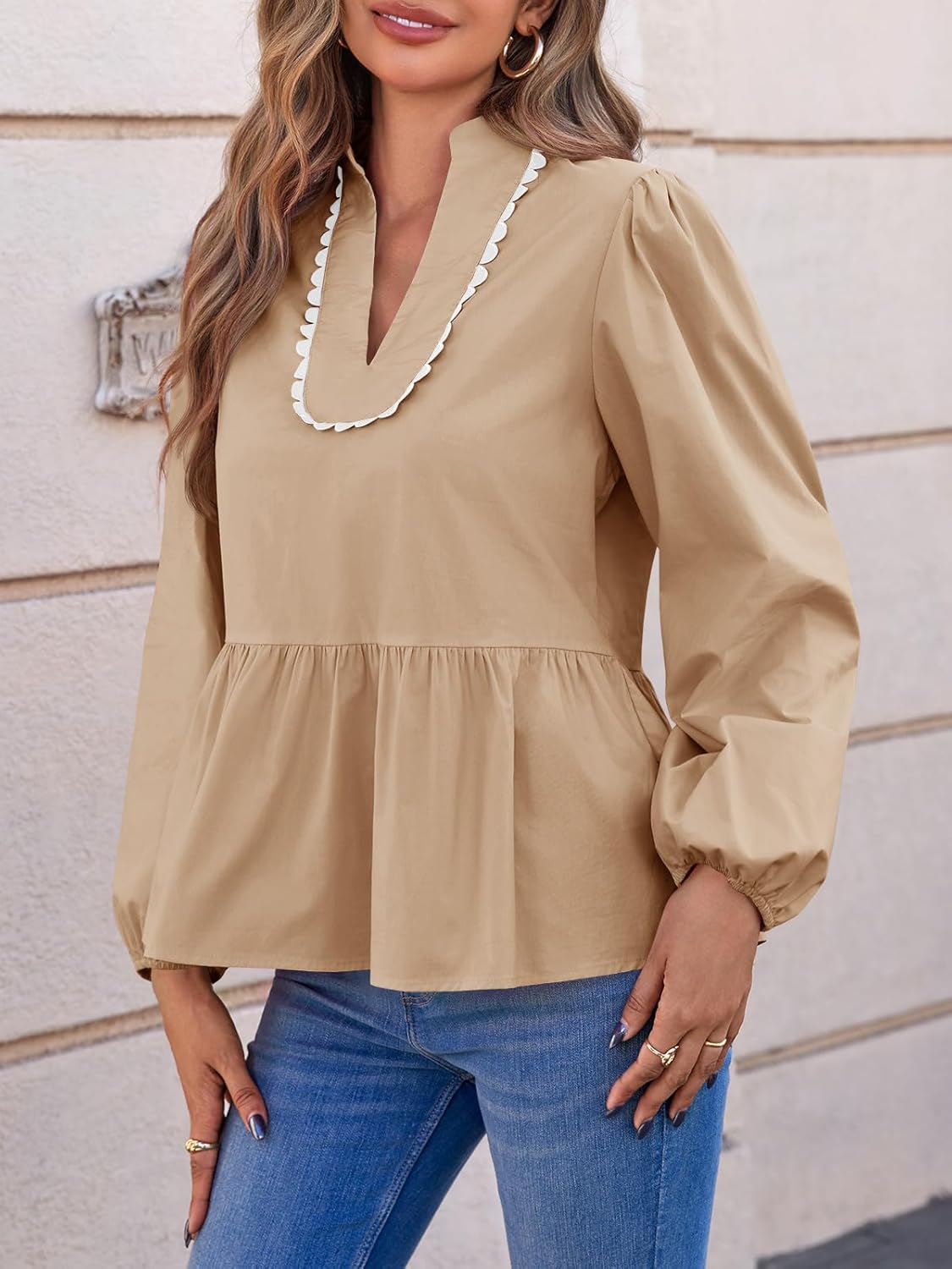 Cicy Bell Womens Puff Long Sleeve Peplum Blouses Babydoll V Neck Ruffle Tops Cute Cotton Loose Fit Shirts - Image 3