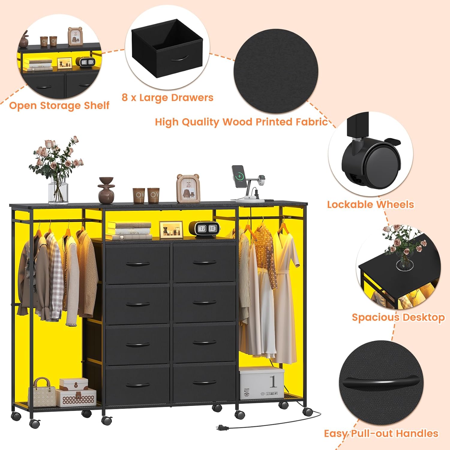 59.1" W Dresser for Bedroom with Hanging Rack, 8 Drawer Dresser with LED Lights & Charging Station, Fabric Dressers with Portable Wheels,Metal Frame, Wooden Top (Black)
