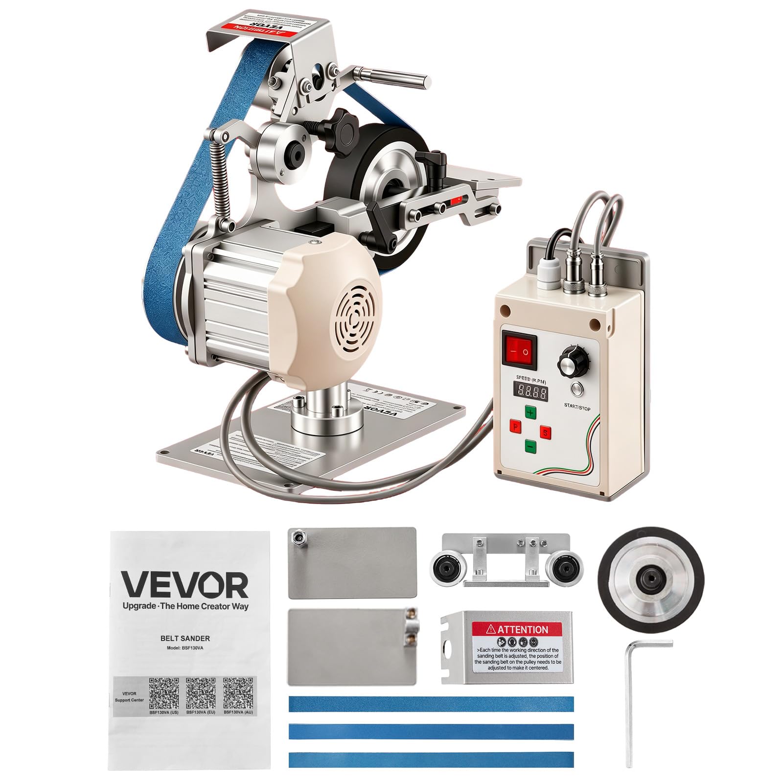 VEVOR Bandschleifmaschine 550 W, Bandschleifer mit 3 Stk. 762x25,4 mm Schleifbändern, 200-5000 U/min Verstellbarer Bandpolierer mit Dualmodi & Max. 21 m/s Bandgeschwindigkeit für Metallbearbeitung