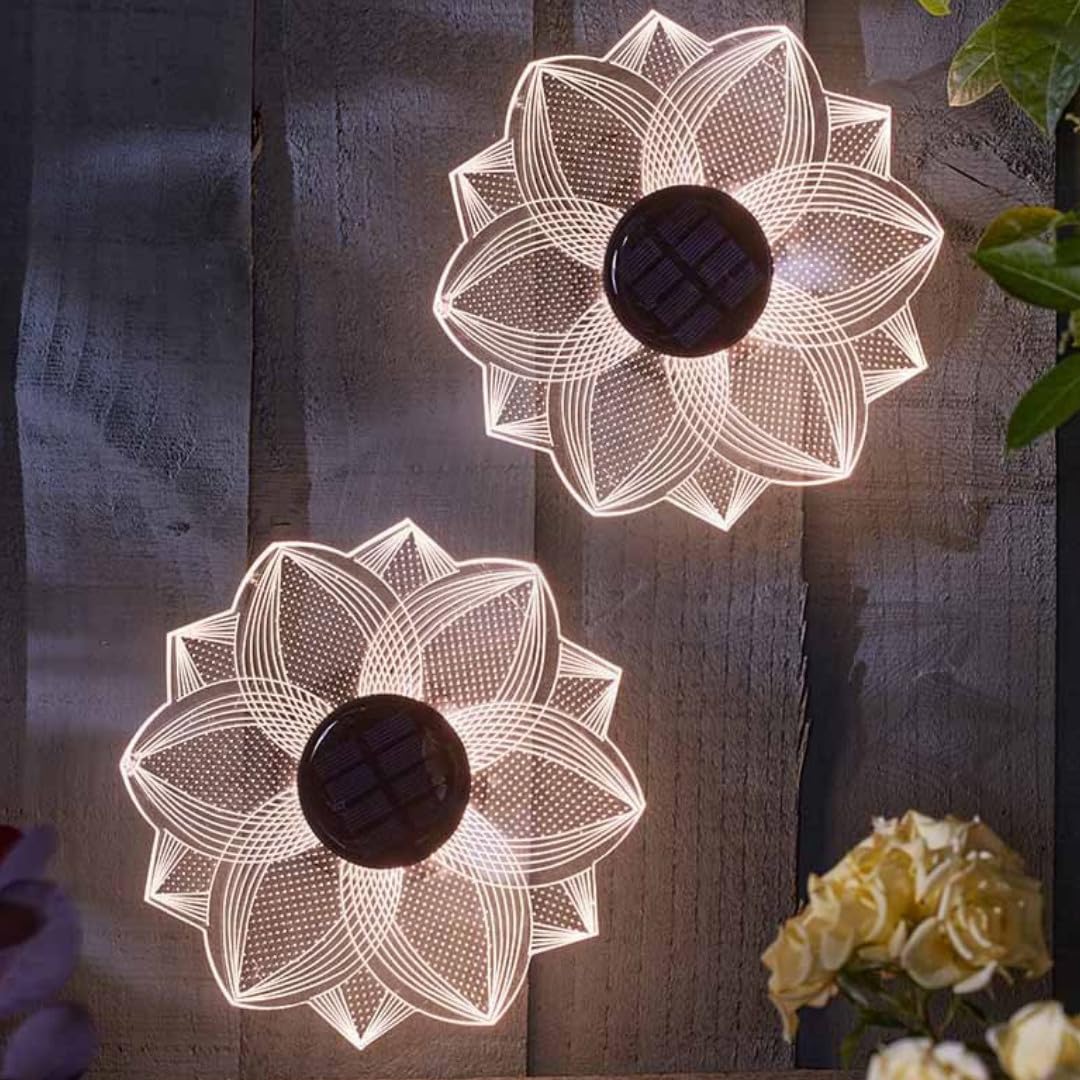 Garden Mile Solar Flower Wall Lights 2 Pack – 19cm Decorative Acrylic Etched Solar Powered Garden Wall Lights with Warm White LED, Outdoor Solar Lights for Fence, Patio - Garden Ornaments Outdoor