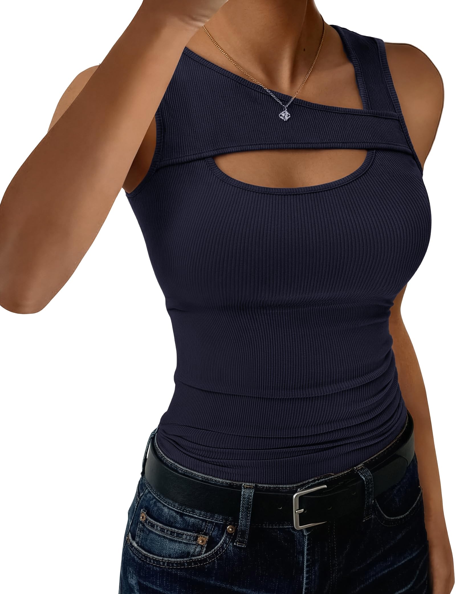 Aottori Tank Top Damen Asymmetrischer Ausschnitt Tops Gerippt Sommer Tanktop Slim Fit Sexy Oberteile Cut-Out Stretch Basic Shirt Ärmellos Casual Einfarbig