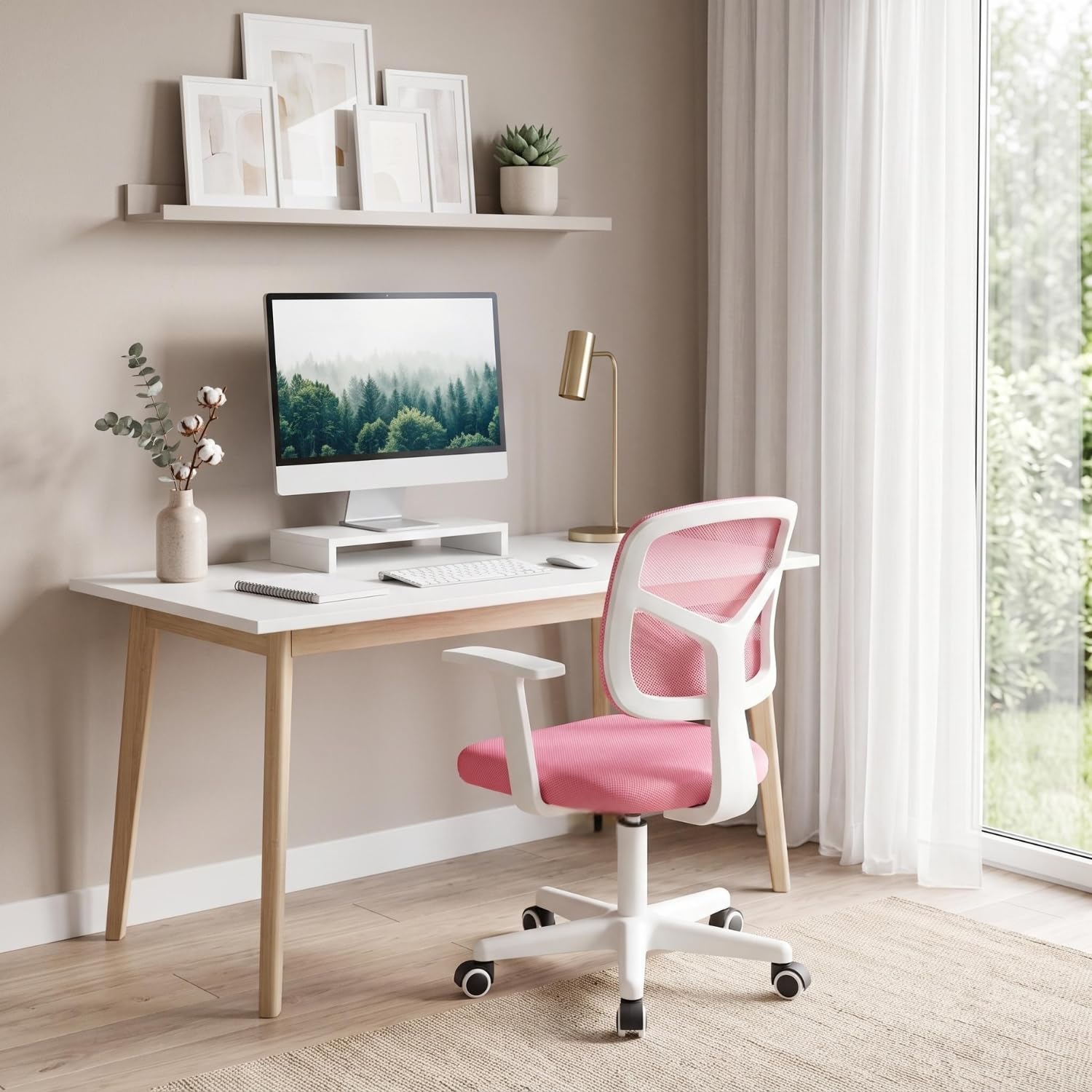 FurnitureR Home - Escritorio de Ordenador para jóvenes/Adolescentes con Malla Transpirable, giratoria Silla de Estudio Ajustable en Altura con apoyabrazos, Rosa, Metal, 50 x 53 x 87 cm