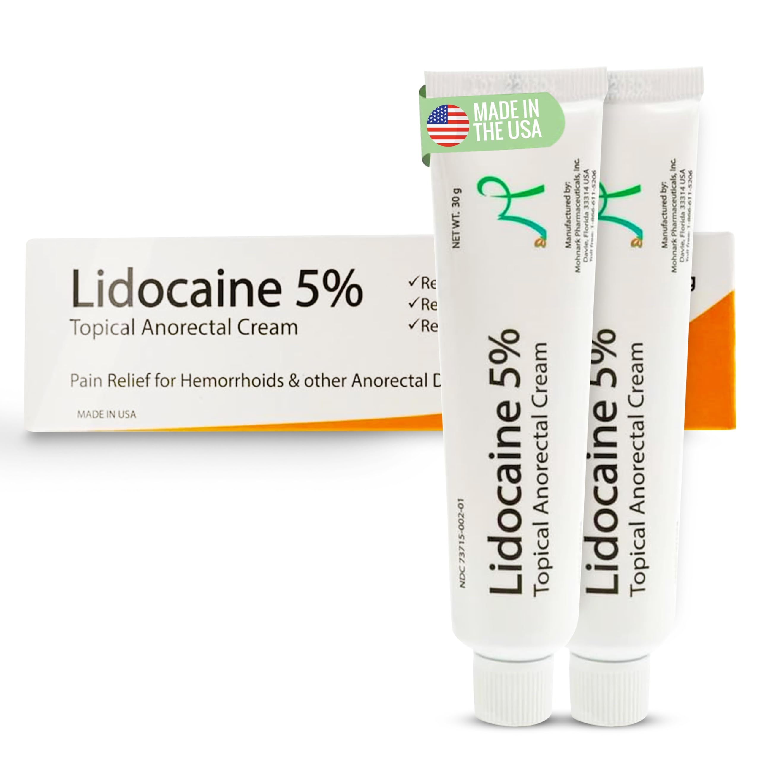 MOHNARK Maximum Strength 5% Lidocaine Hemorrhoid Treatment Cream for External and Internal Hemorrhoids Treatment Burn Itch Pain Relief Topical Anorectal Cream - 30 Gram Tube Made in USA 2PK