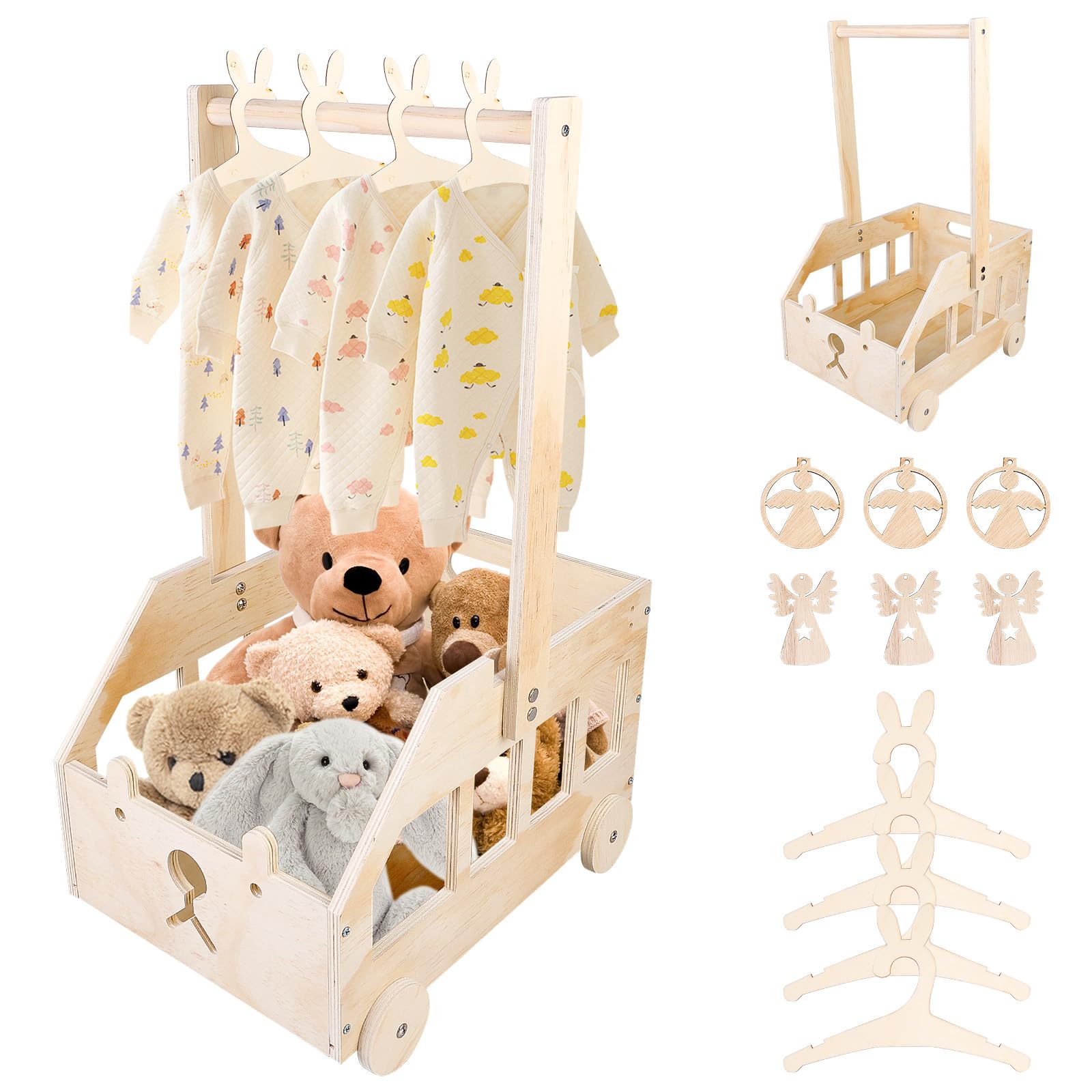 Babyparty Geschenk mit Griff, Baby Aufbewahrungskorb mit 4 Kinder Kleiderbügel ＆ 6 Engel-Tag, Holz Baby Geschenk Korb, Babykorb Neugeborene für Schwangere Neue Eltern, Ideal für Kleidung, Spielzeug