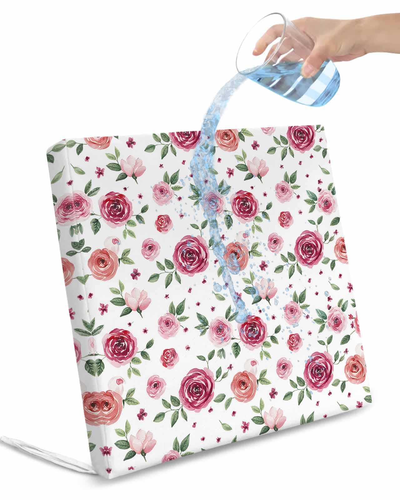 2 Pack Pink Flowers Waterproof Cushion Covers with Ties, Outdoor Patio Chaise Lounge Chair Seat Cushion Slip Covers Replacement(Only Cover) Simple Romantic Botanical Floral Leaves 22