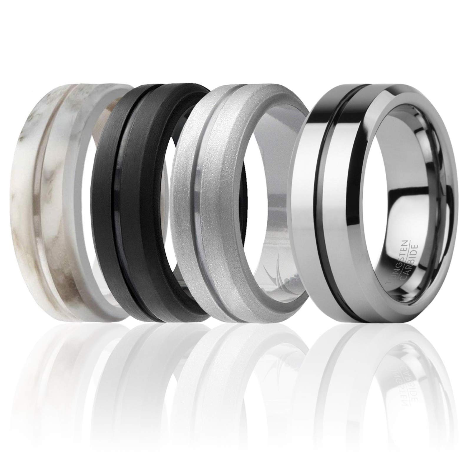 ROQ - 4 Pack - 3 Silicone & 1 Tungsten Carbide Wedding Rings for Men – Mens Silicone Ring for Work/Sport, Tungsten Band for Events - Engraved Middle Line Style - Grey, Black, Silver - Size 14