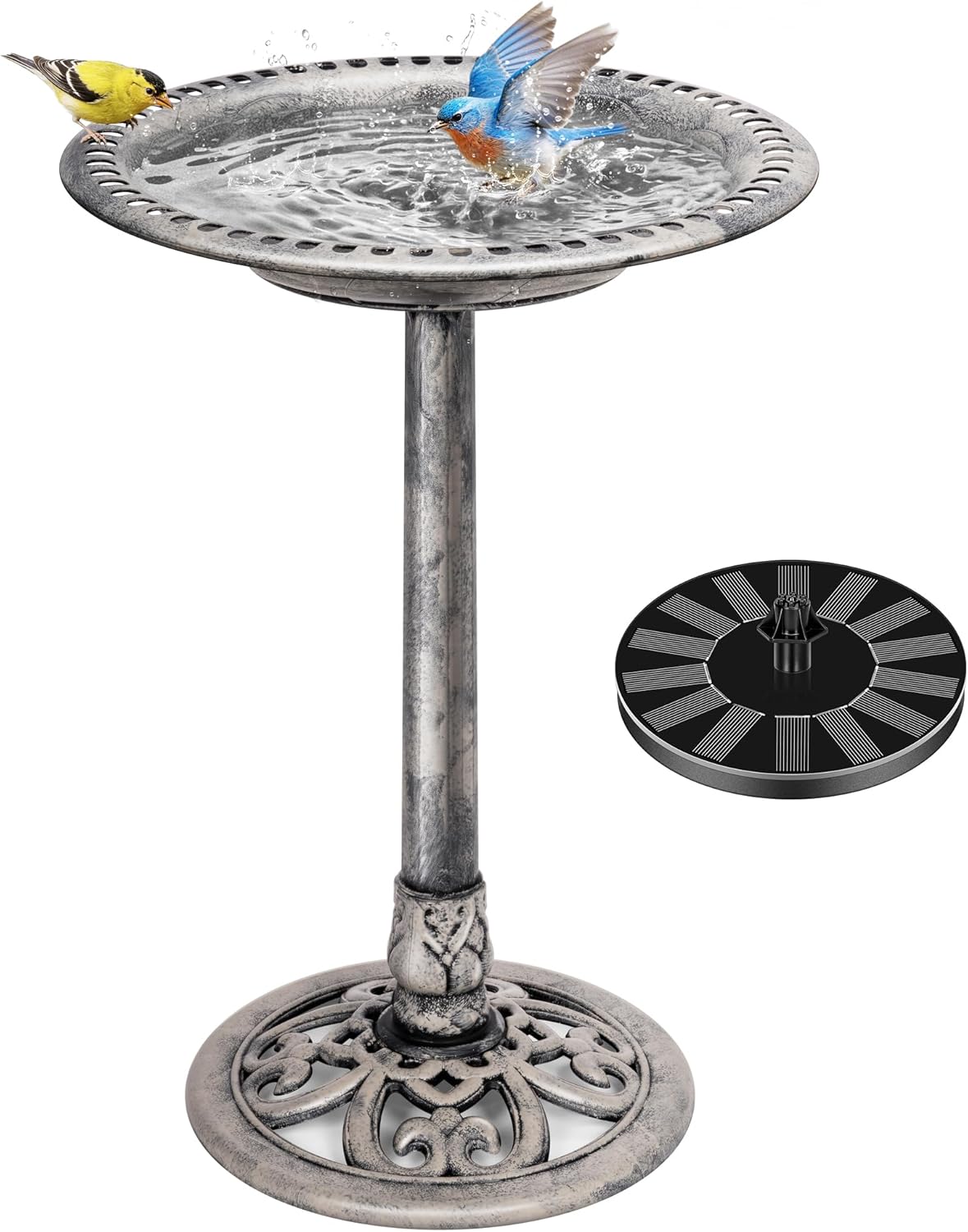 VIVOHOME Bird Bath with Solar Fountain for Outside, Polyresin Pedestal Bird Baths with Solar Powered Pump for Outdoor, Garden, Weather-Resistant Birdbaths with 20" Bowl, Gray