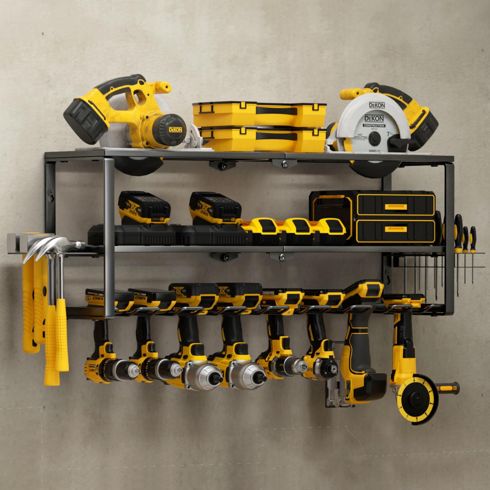 YYR Heavy Duty Power Tool Organizer Wall Mount, Cordless Drill Hanger Storage Rack, Battery Tools Holder with Charging Station Shelf for Garage Organization, Workshop, Pegboard, Shed - 32 Inch 8 Slots