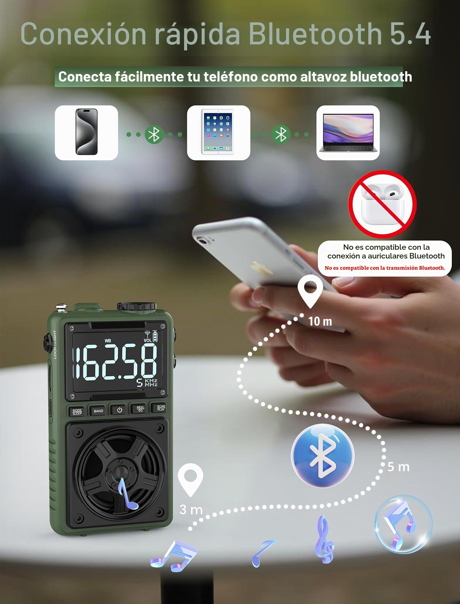 Radio Bluetooth AM FM NOAA portátil recargable 1250 mAh con recepción excelente, altavoz 5 W, sintonizador digital y auriculares