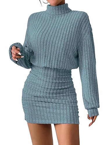 Women's Pullover Sweater Dress Long Lantern Sleeve Turtle Neck Cute Ribbed Knit Bodycon Mini Short Dress 2025 Fall - Blue - X-Large